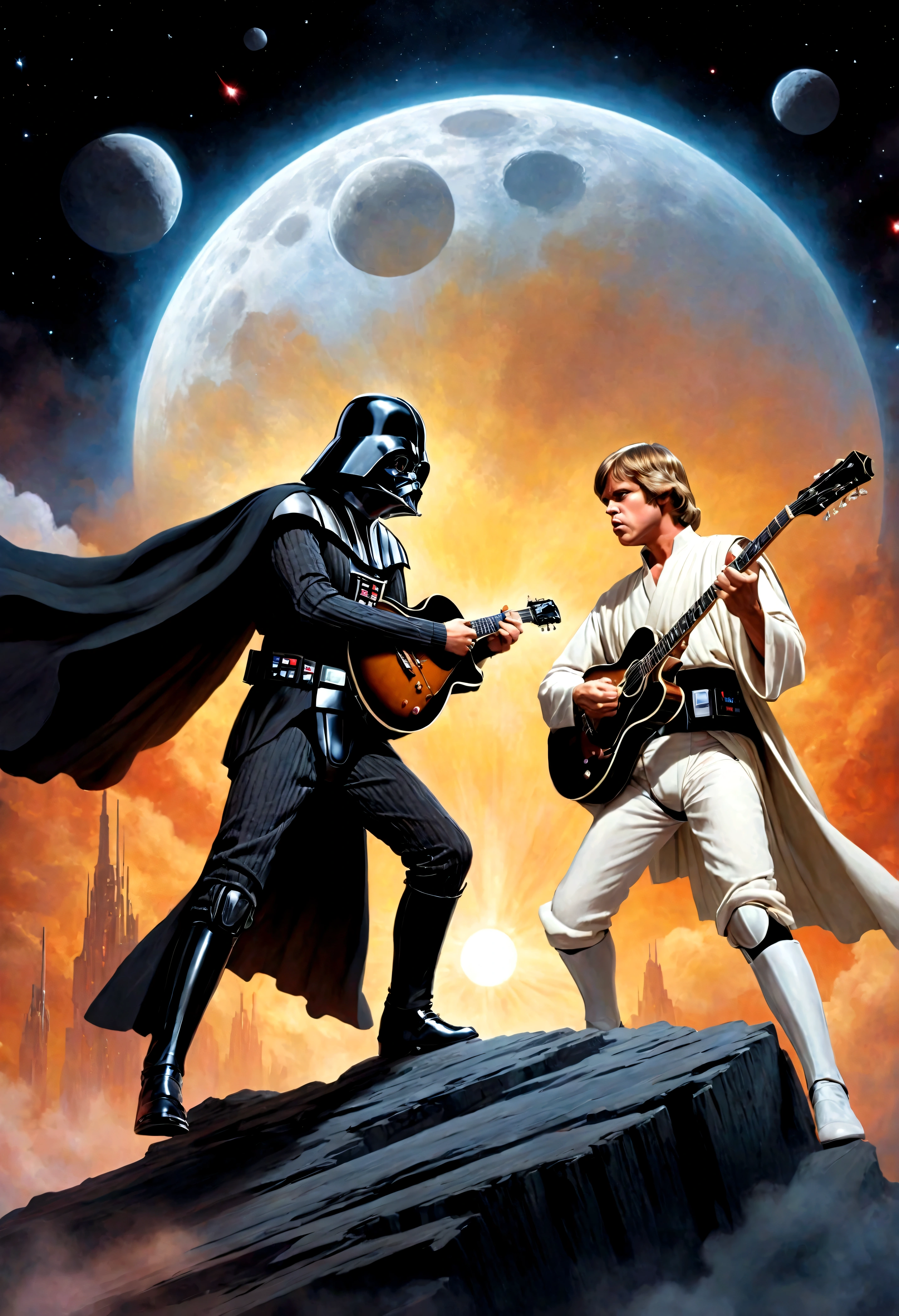 Star Wars rock opera, Luke Skywalker and Darth Vader are dueling using guitars. emotional, powerful, dramatic, dueling power ballads, Bespin Cloud City
