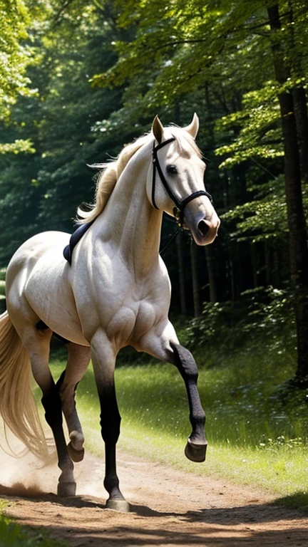 The image captures a moment of pure elegance and freedom. A majestic white horse, adorned with a black bridle, is captured mid-gallop on a path that meanders through a forest. The horse's muscles are taut, showcasing the power and grace inherent in its every movement. The path beneath it is strewn with fallen leaves, hinting at the season's change. The forest around it is a symphony of colors, with trees in various shades of green and yellow, their leaves rustling softly in the breeze. The horse's mane and tail are caught in the wind, adding a dynamic element to the scene. This image is a beautiful representation of nature's harmony and the beauty of a horse in its natural environment.