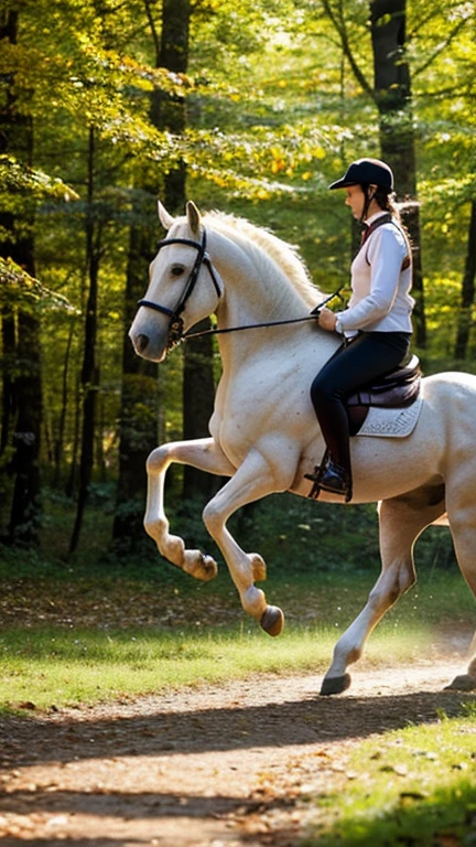 The image captures a moment of pure elegance and freedom. A majestic white horse, adorned with a black bridle, is captured mid-gallop on a path that meanders through a forest. The horse's muscles are taut, showcasing the power and grace inherent in its every movement. The path beneath it is strewn with fallen leaves, hinting at the season's change. The forest around it is a symphony of colors, with trees in various shades of green and yellow, their leaves rustling softly in the breeze. The horse's mane and tail are caught in the wind, adding a dynamic element to the scene. This image is a beautiful representation of nature's harmony and the beauty of a horse in its natural environment.