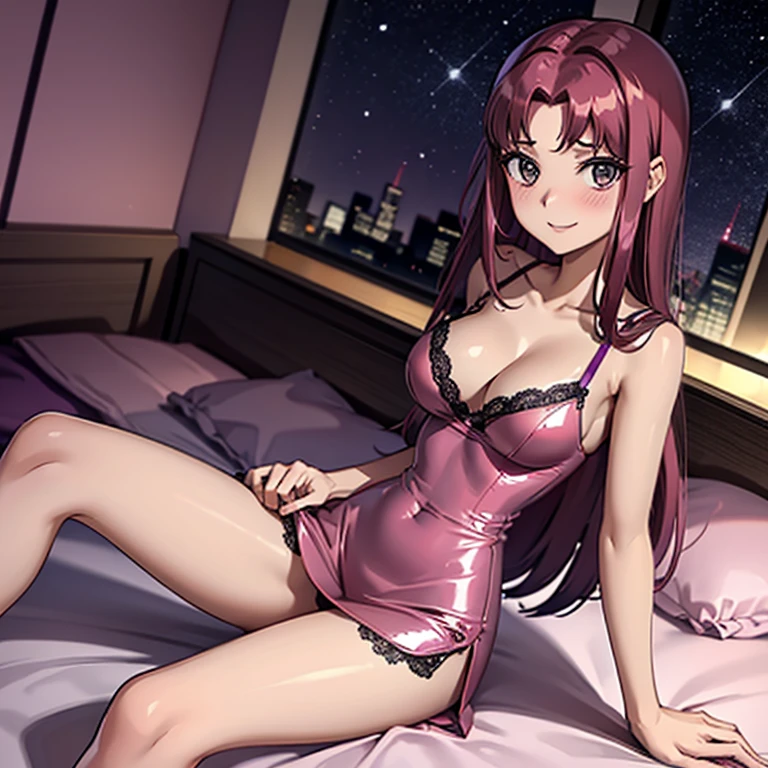 Single, one_girl, Teen Starfire, redhead, shiny_dress, pink_silk_glossy_fabric, skinny, thin_legs, lace, nightwear, glossy_fabric, shiny, short_dress, cleavage, glossy_fabric, long_hair, skinny, bedroom, gentle_smile, blushing, beautiful, female, high resolution, 8k