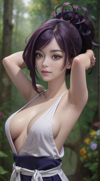 (best quality:1.1), (masterpiece:1.2), portrait,
1girl, yuzuriha_(jigokuraku), purple hair, brown eyes, ninja, open clothes, cleavage, small breasts, topknot, medium hair, breasts apart, white obi, smirk, outdoors, (blush:1.1), flowers,
Pure_Innocent_girl, pureerosface_v1, (face closeup), pov, (((depth of field))), pale and lustrous skin, arms behind head, armpits