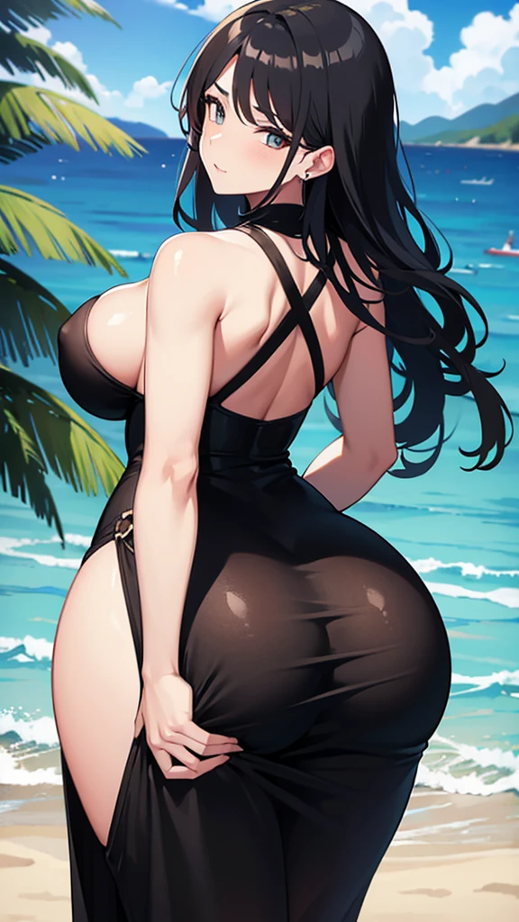 Big ass, milf, black dress, big boobs, beach