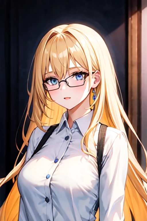 melissa shield, 1girl, solo, long hair, looking at viewe blond hair and white shirt,glasses,yellow hair ,blue eyes 
