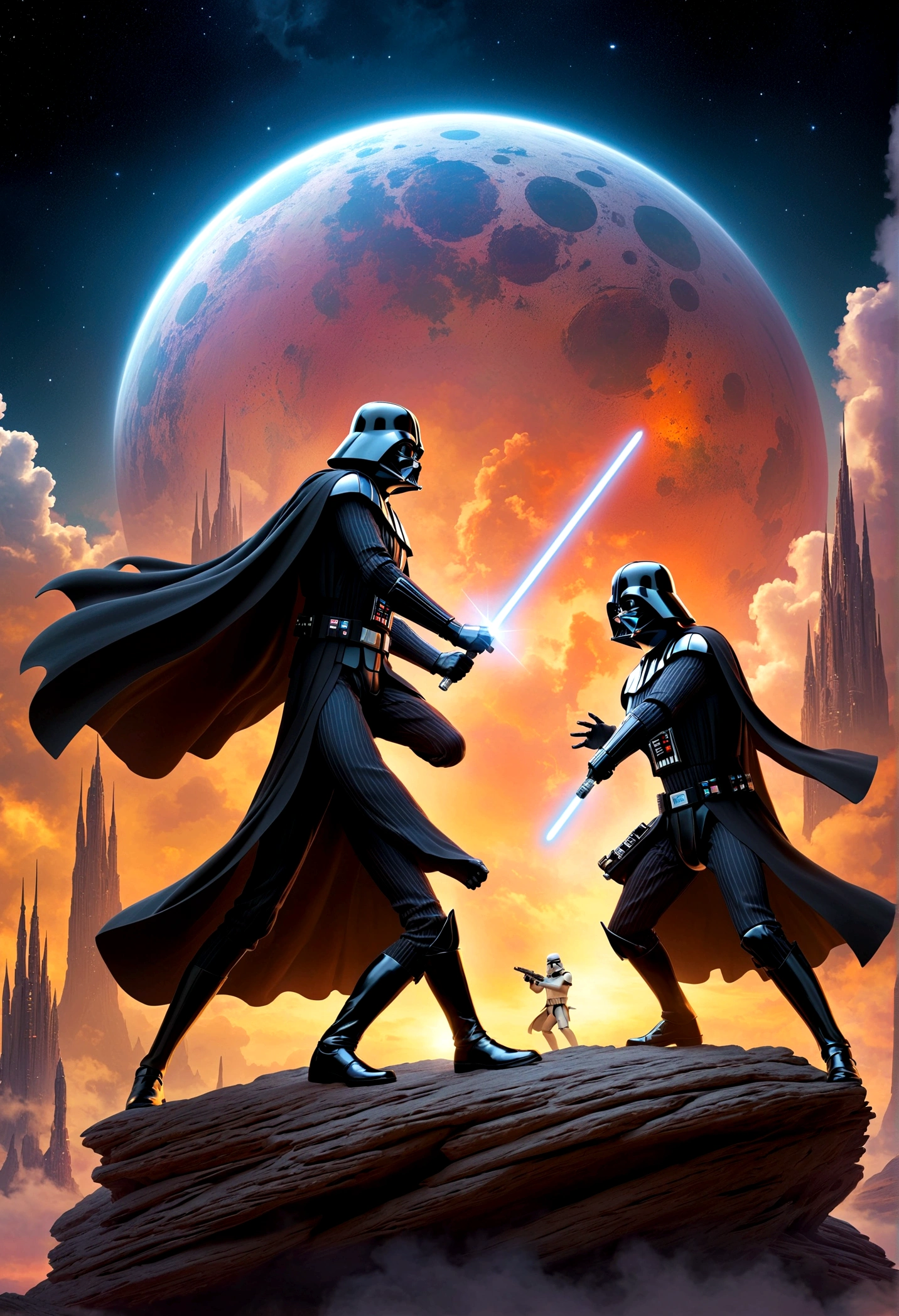 Star Wars rock opera, Luke Skywalker and Darth Vader are dueling using guitars. emotional, powerful, dramatic, dueling power ballads, Bespin Cloud City