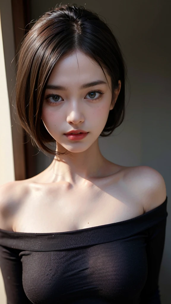 best quality, masterpiece, ultra high resolution, (lifelike:1.4), original photo, 1 girl, Off the shoulders, in the darkness, deep shadow, low profile, cold light 