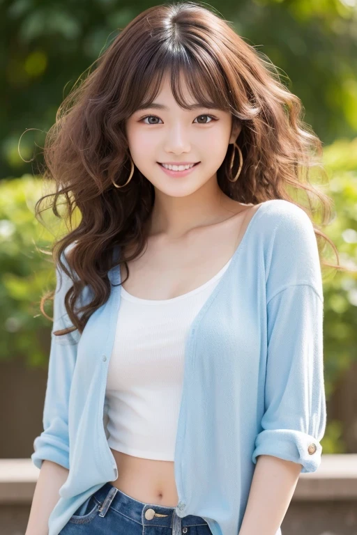Produce the highest quality and highest resolution 8K images。The model is a 20-year-old Japanese woman.。The image depicts her posing and smiling for the camera.。She has brown eyes and a model figure.、She has an idol-level cute face.。The hair is curly。Skin has a healthy color。Clothes、I'm wearing early summer clothes。The background depicts a scene of people taking commemorative photos at a tourist spot.。