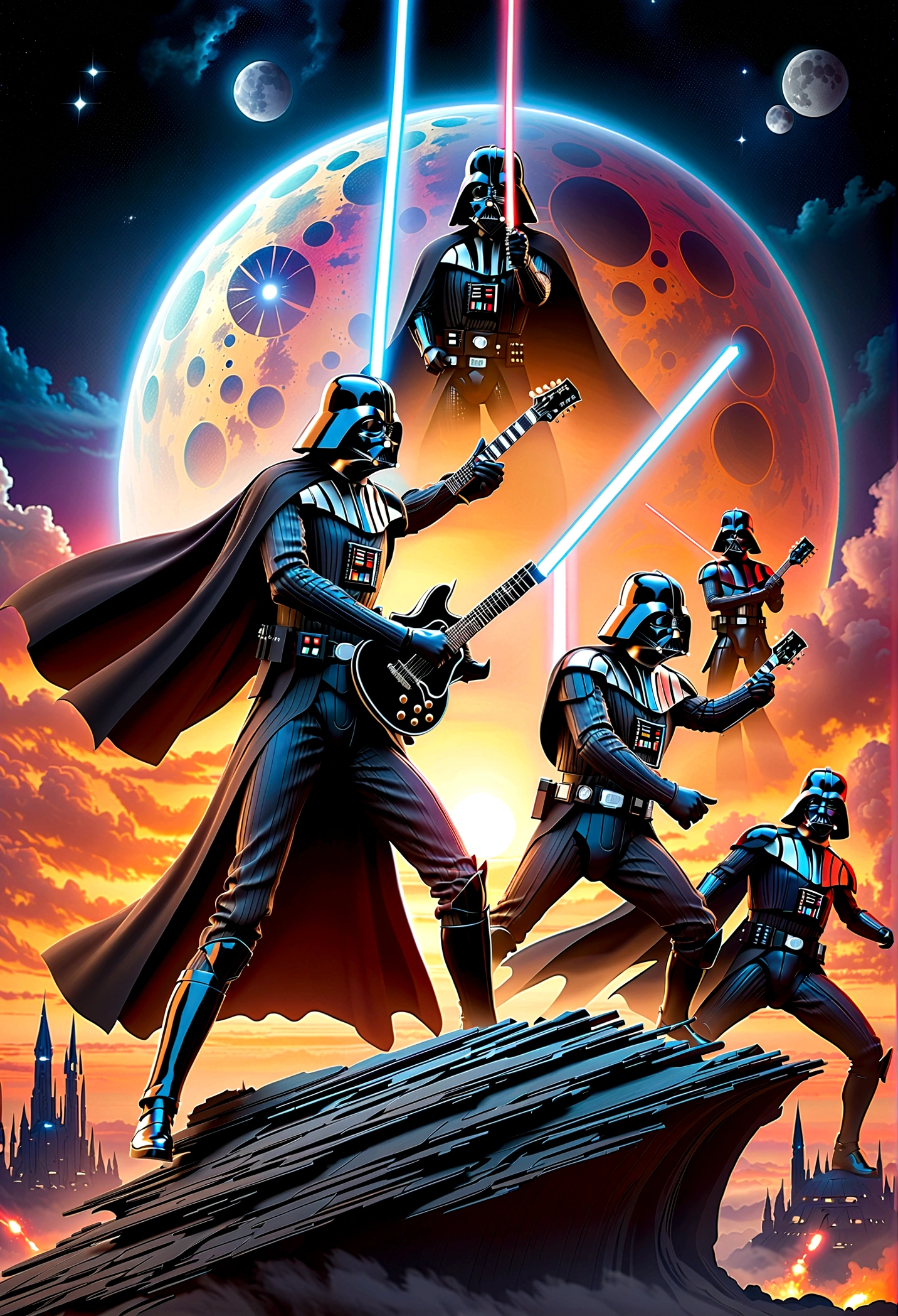 Star Wars rock opera, Luke Skywalker and Darth Vader are dueling using guitars. emotional, powerful, dramatic, dueling power ballads, Bespin Cloud City