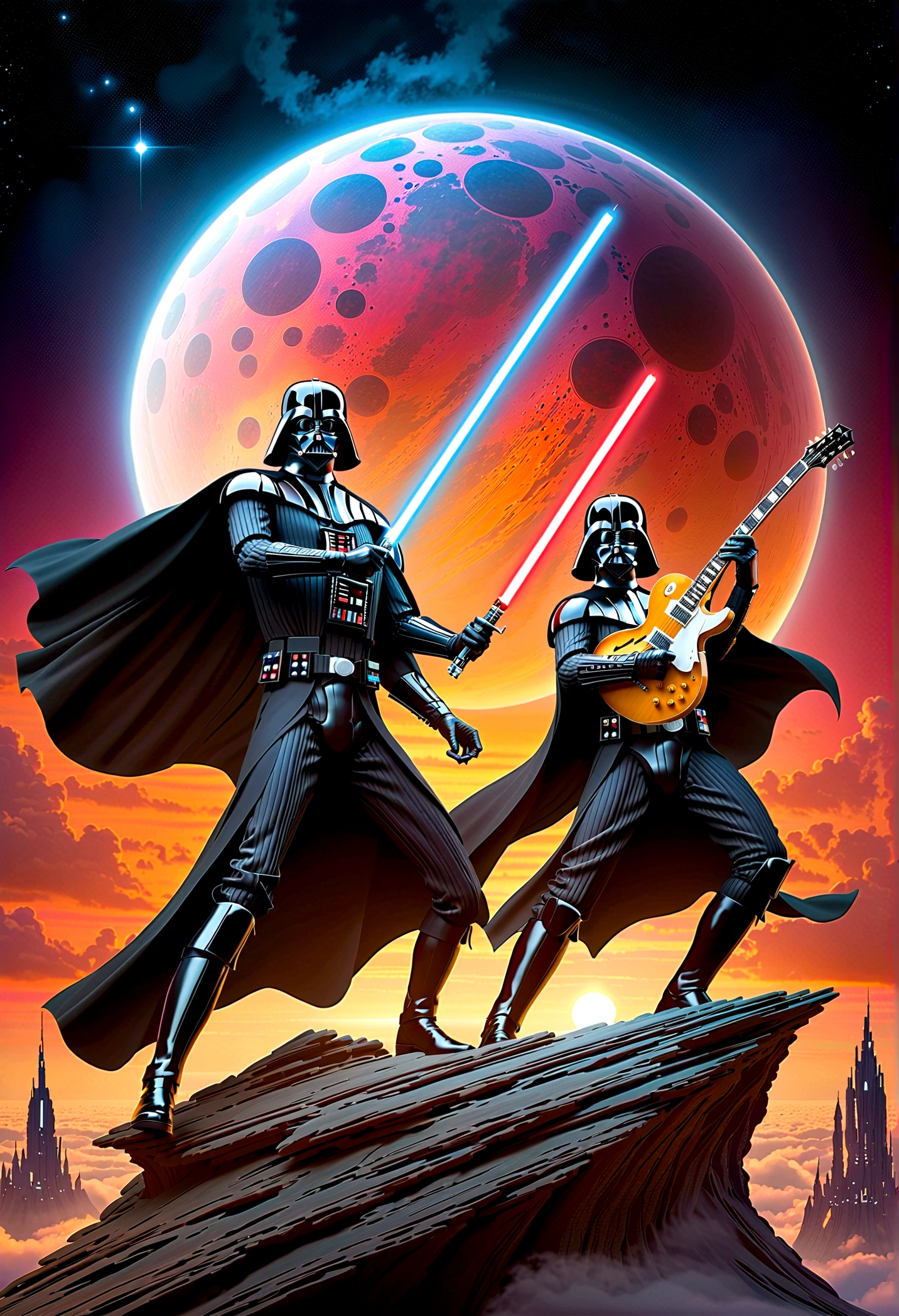 Star Wars rock opera, Luke Skywalker and  Darth Vader are dueling using guitars. emotional, powerful, dramatic, dueling power ballads, Bespin Cloud City