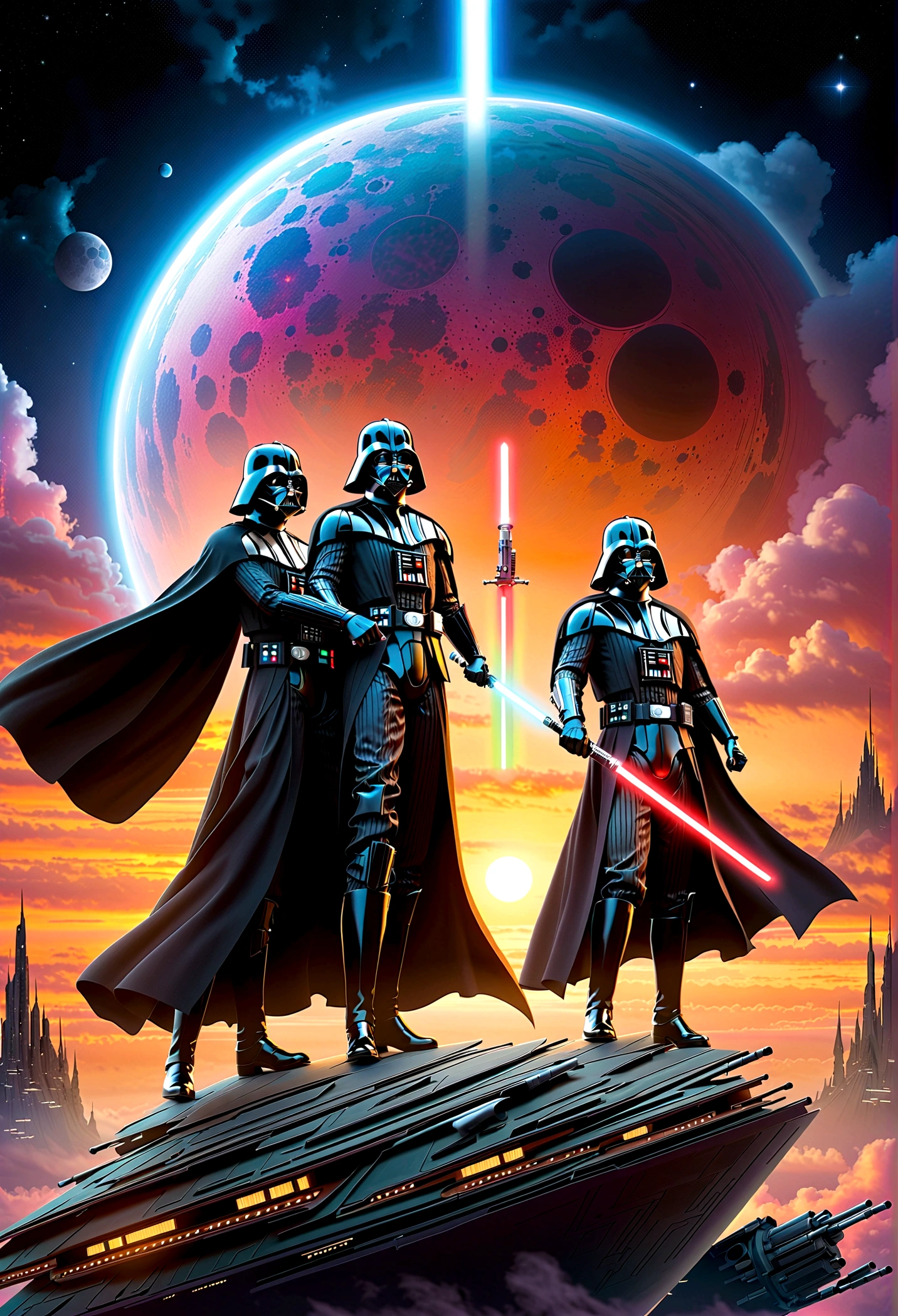 Star Wars rock opera, Luke Skywalker and  Darth Vader are dueling using guitars. emotional, powerful, dramatic, dueling power ballads, Bespin Cloud City