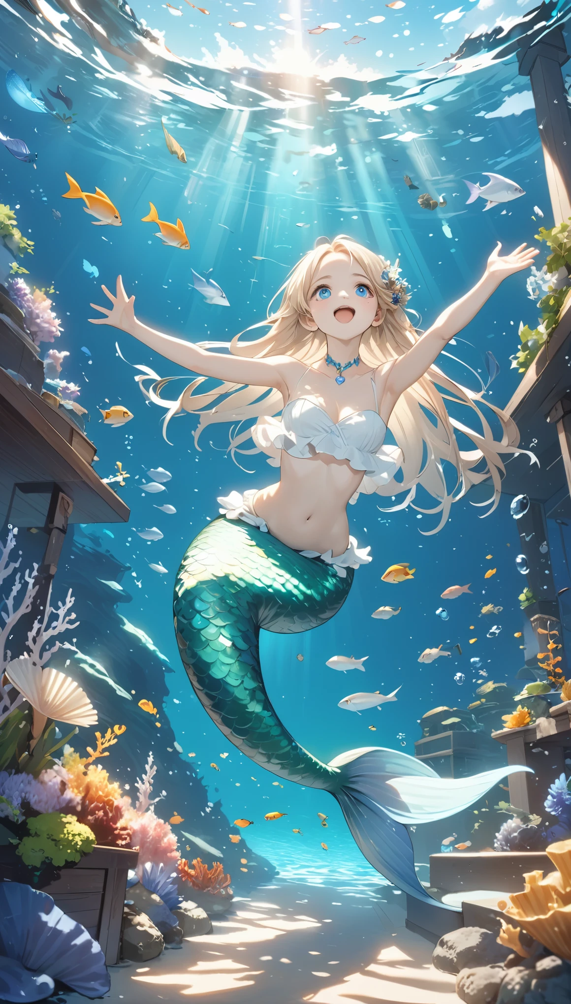 1 Female\((Mermaid),Beautiful scale reflecting prism,Beautiful tail fin reflecting prism,prince,cute,cute,20-year-old,Long braids,blonde,(Sing a beautiful song:1,4),Eye color: Ocean Blue,Big eyes,Dynamic pose,Open your mouth wide,(look up),Underwater,Happy,Wearing a beautiful heart-neck tube top,(Surrounding notes),(whole body)\), break ,background\(Under the beautiful and clear sea,Beautiful fish,Big Ship\), break ,quality\(8k,非常に精細なCGユニットのwallpaper, masterpiece,High resolution,top-quality,top-quality real texture skin,Surreal,Increase the resolution,RAW Photos,最高quality,Very detailed,wallpaper,Cinema Lighting,Ray-tracing,Golden Ratio\),,landscape,[Browsing Caution]