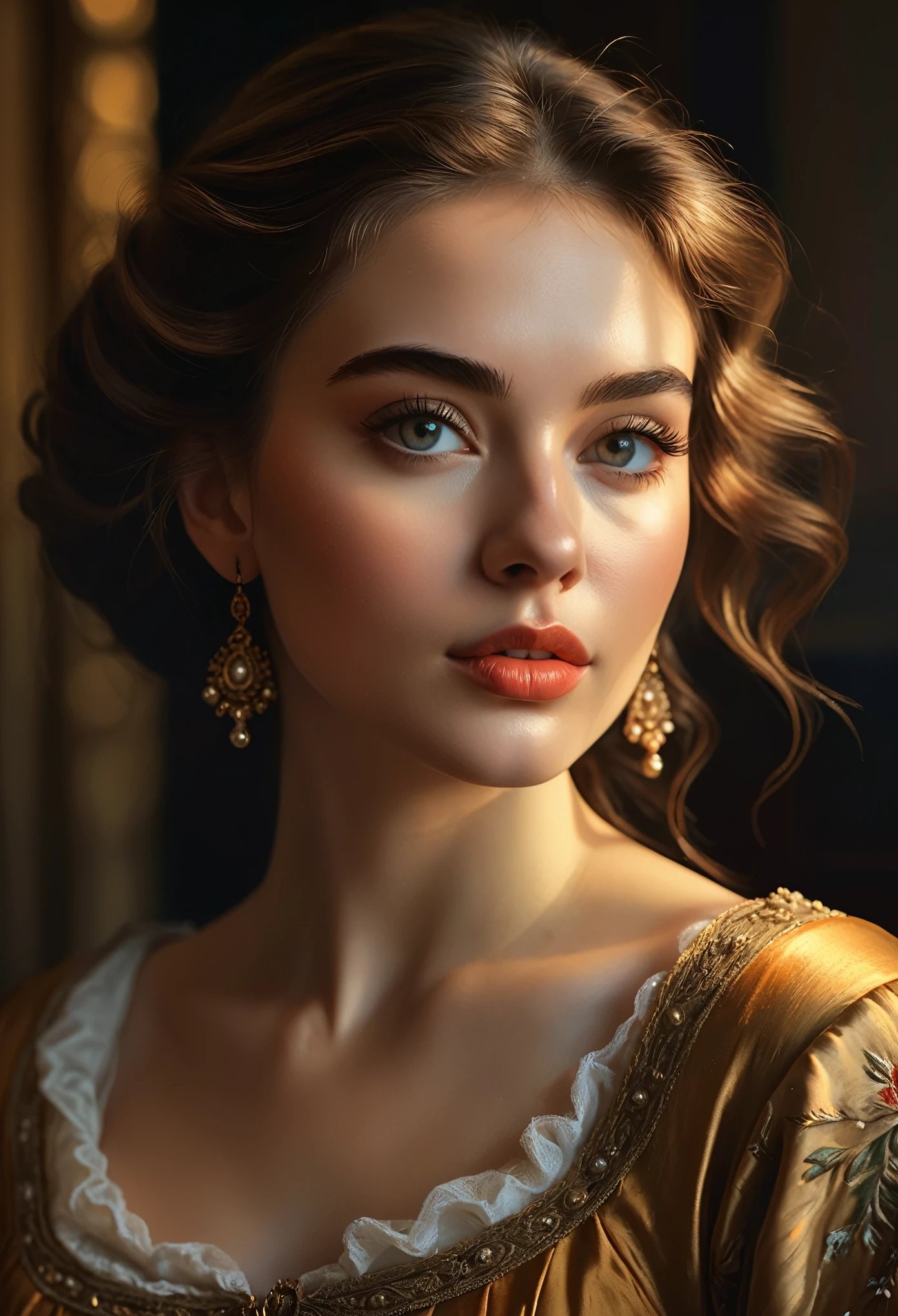 a beautiful detailed woman, 1girl, detailed face, detailed eyes, detailed lips, long eyelashes, elegant woman, serene expression, beautiful detailed skin, detailed clothing, (best quality, 4k, 8k, highres, masterpiece:1.2), ultra-detailed, (realistic, photorealistic, photo-realistic:1.37), digital painting, oil painting, dramatic lighting, warm color tones, cinematic lighting, dramatic shadows, chiaroscuro, renaissance art, classical art