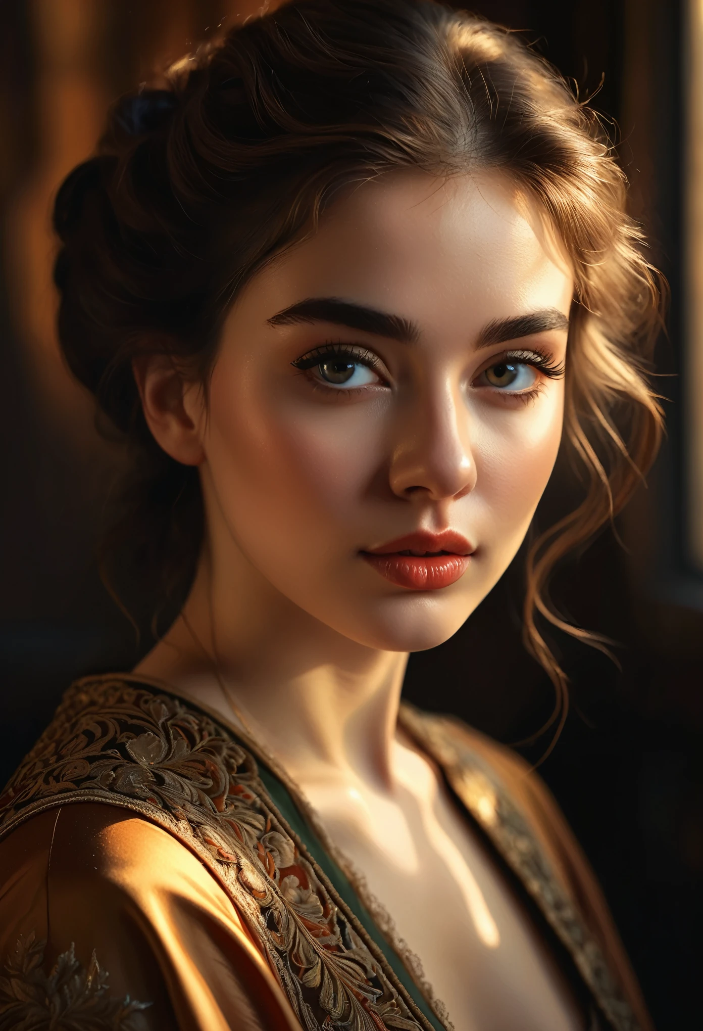 a beautiful detailed woman, 1girl, detailed face, detailed eyes, detailed lips, long eyelashes, elegant woman, serene expression, beautiful detailed skin, detailed clothing, (best quality, 4k, 8k, highres, masterpiece:1.2), ultra-detailed, (realistic, photorealistic, photo-realistic:1.37), digital painting, oil painting, dramatic lighting, warm color tones, cinematic lighting, dramatic shadows, chiaroscuro, renaissance art, classical art