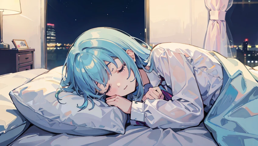 Rabbit-eared girl s asleep Happy sleeping face In the bed inside in room by night murky
