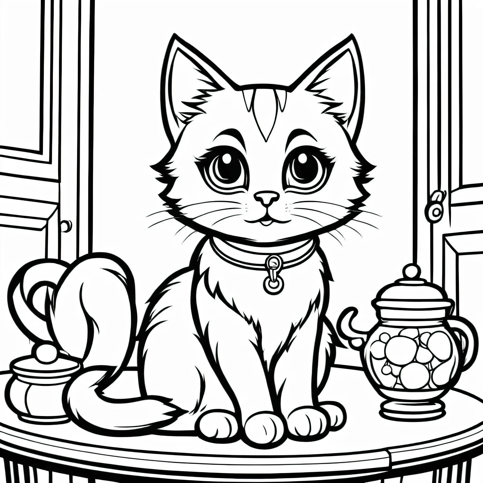 A cute cat on the table, cartoon,
,Coloring Book, ColoringBookAF,