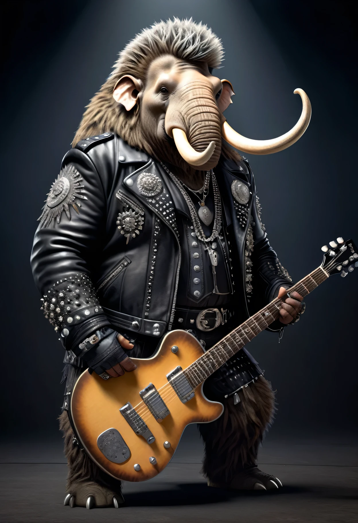 photorealistic portrait of Dressed animals - a ((fat) mammoth punk-rocker, (full body image:1.5), (holding a guitar:1.5), Wearing a tailored black leather jacket featuring intricate silver stud patterns reminiscent of sacred symbols, adorned in a modern punk-rock ensemble,, detailed and opulent description of modern punk-rock style, stage lighting, intricate ornate accessories, stage background