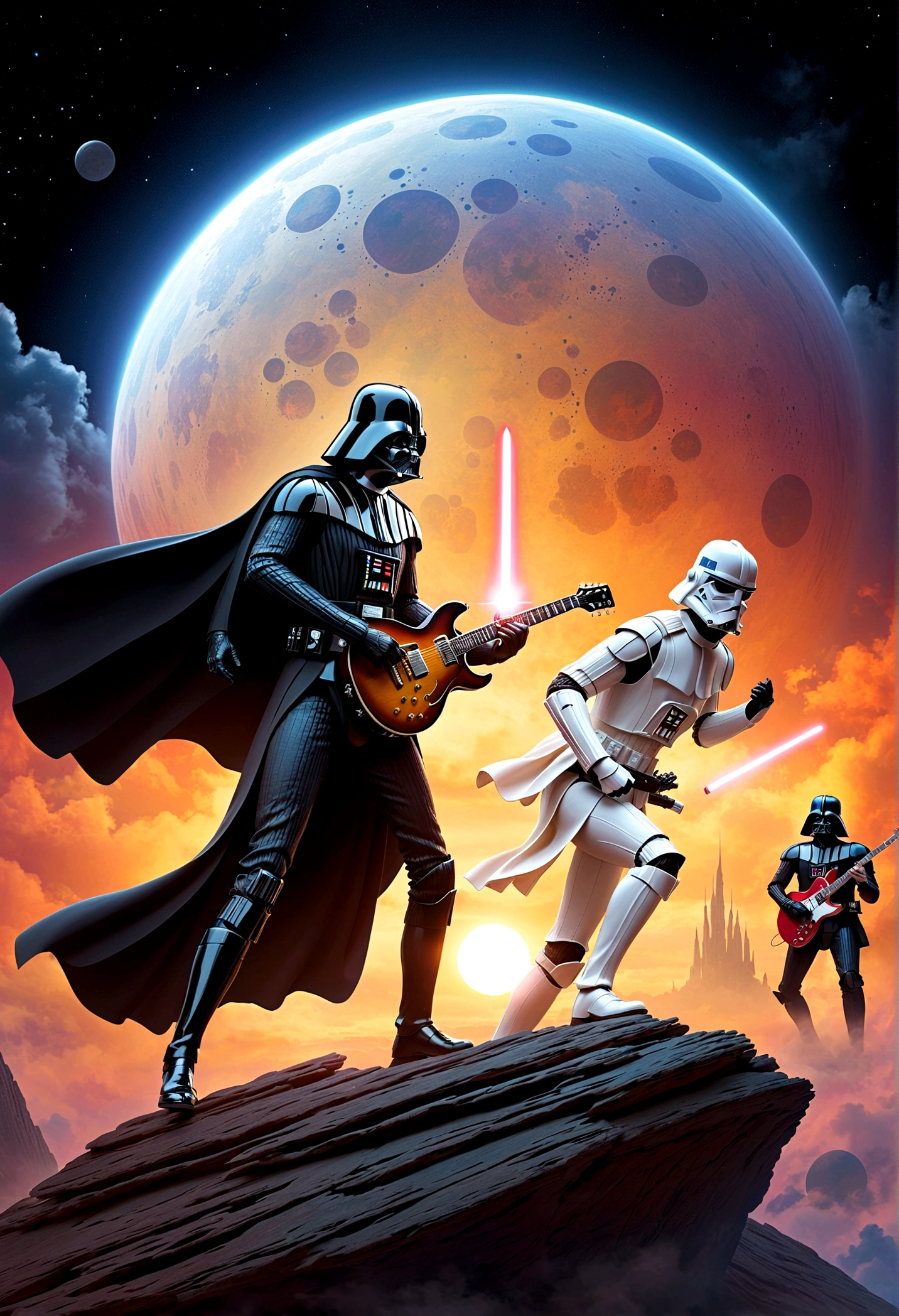 Star Wars rock opera, Luke Skywalker and Darth Vader are dueling using guitars. emotional, powerful, dramatic, dueling power ballads, Bespin Cloud City