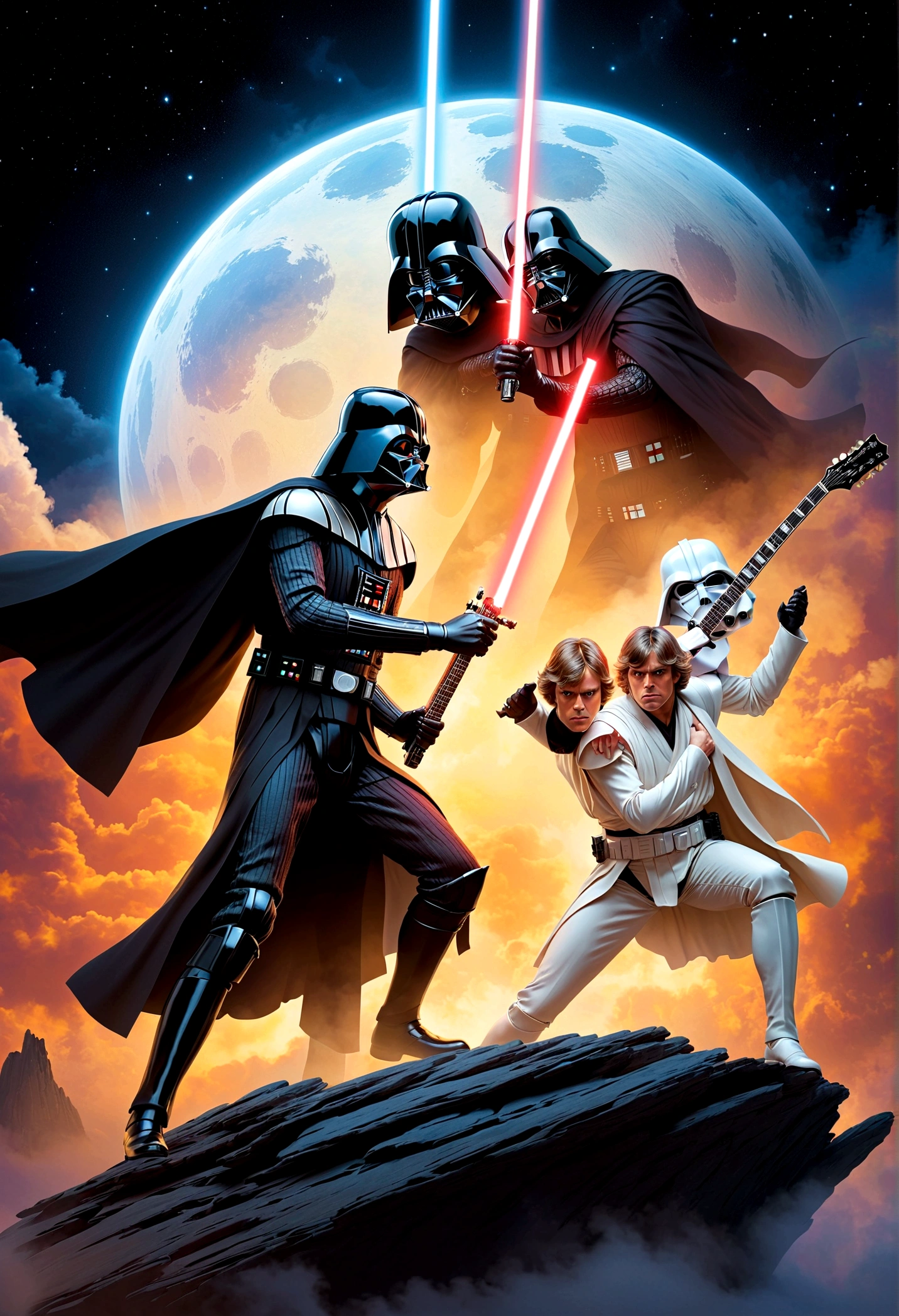 Star Wars rock opera, Luke Skywalker and Darth Vader are dueling using guitars. emotional, powerful, dramatic, dueling power ballads, Bespin Cloud City