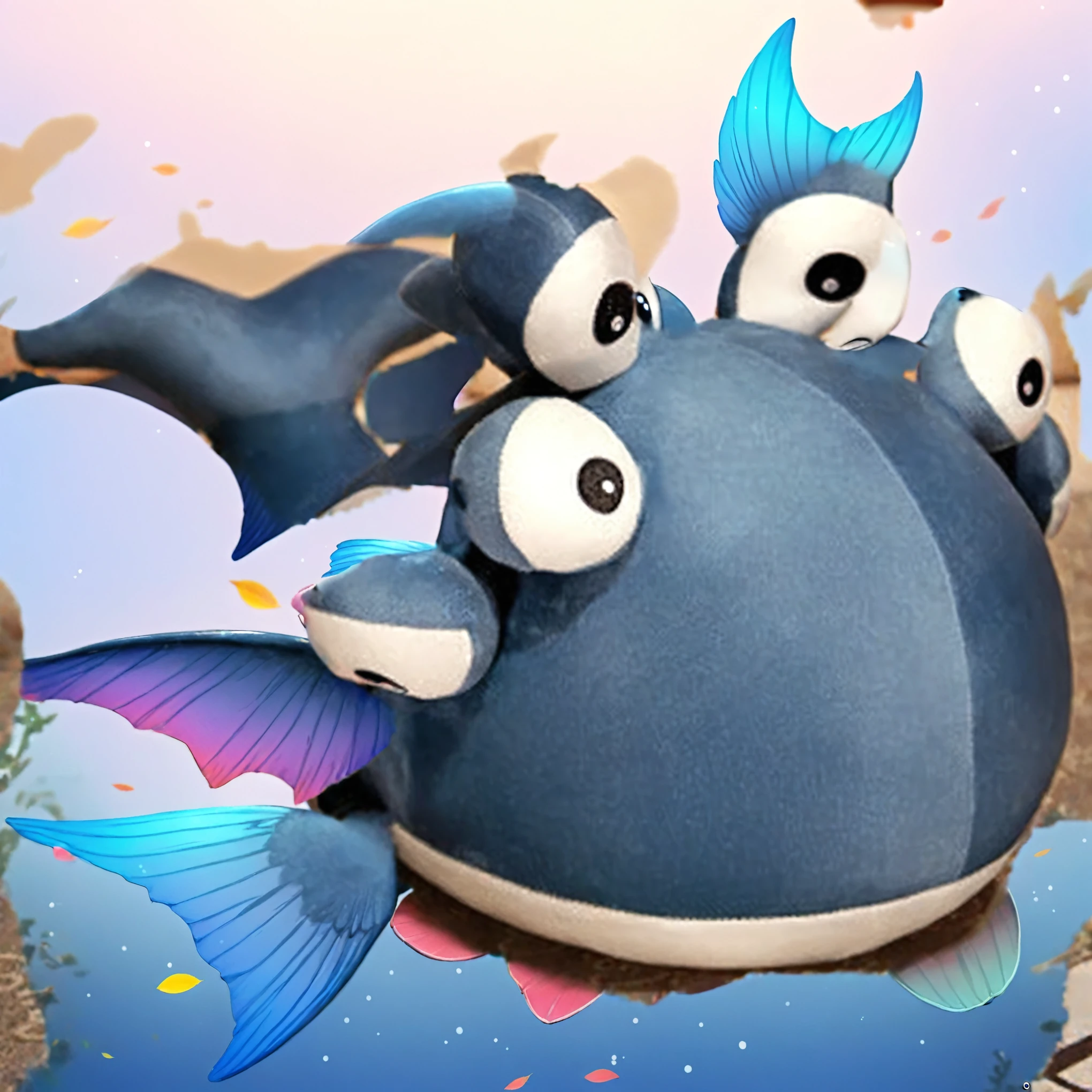 A blue carp,There is a pair of wings with gradient colors on the back,Has six eyes,Smile lips,so cute