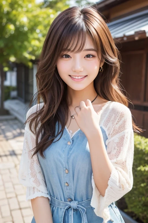 Produce the highest quality and highest resolution 8K images。The model is a 20-year-old Japanese woman.。The image depicts her posing and smiling for the camera.。She has brown eyes and a model figure.、She has an idol-level cute face.。The hair is wavy。Skin has a healthy color。Clothes、I'm wearing early summer clothes。The background depicts a scene of people taking commemorative photos at a tourist spot.。