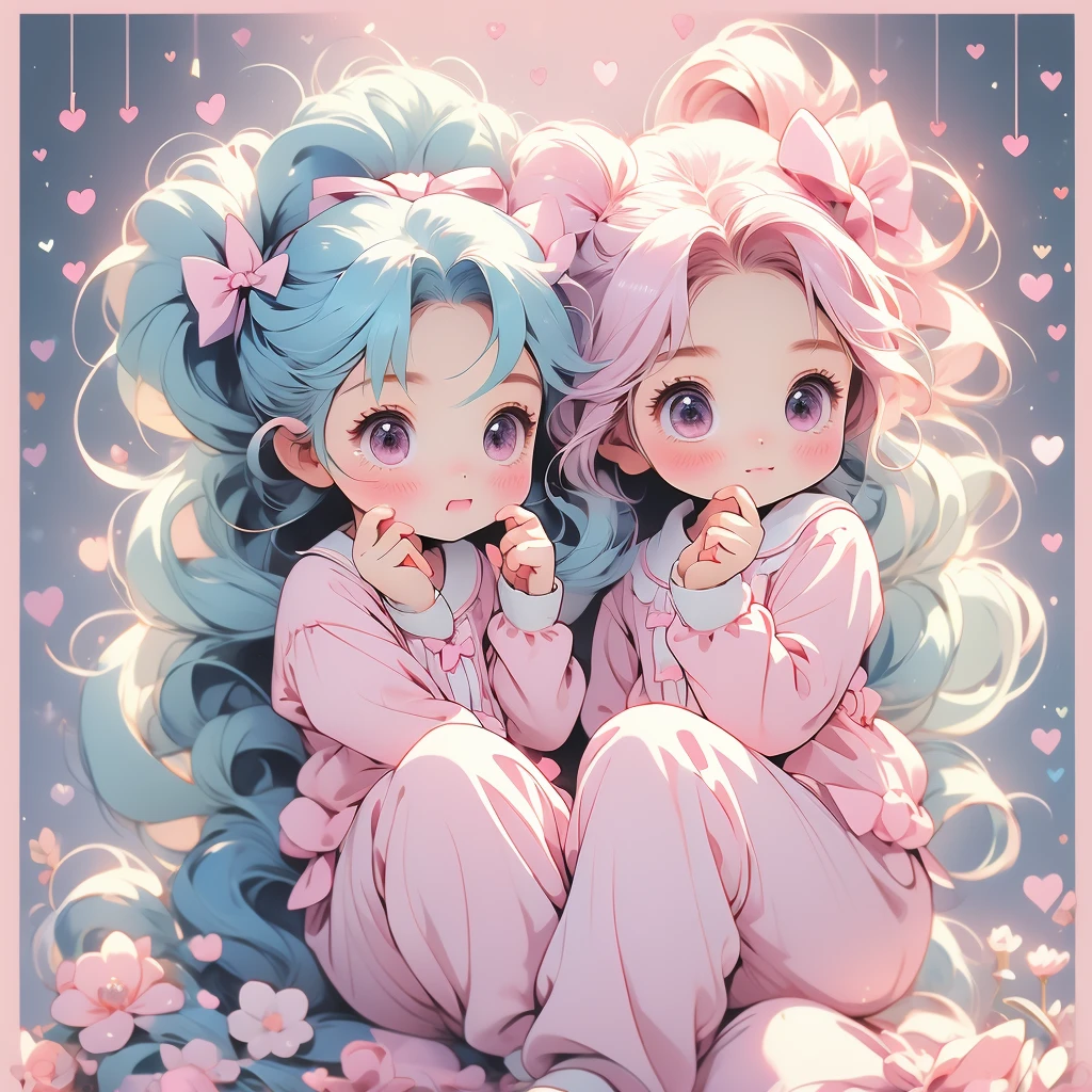(pastel:1.2)、(Chibi Girl:1.2)、Esbian all over、Long twin tails、Bow and Bow、Heart Eyes、border pajamas、Funny pose、humming、Laughter、Fingertip pose、original、Vertical striped background、Baby pink gradation