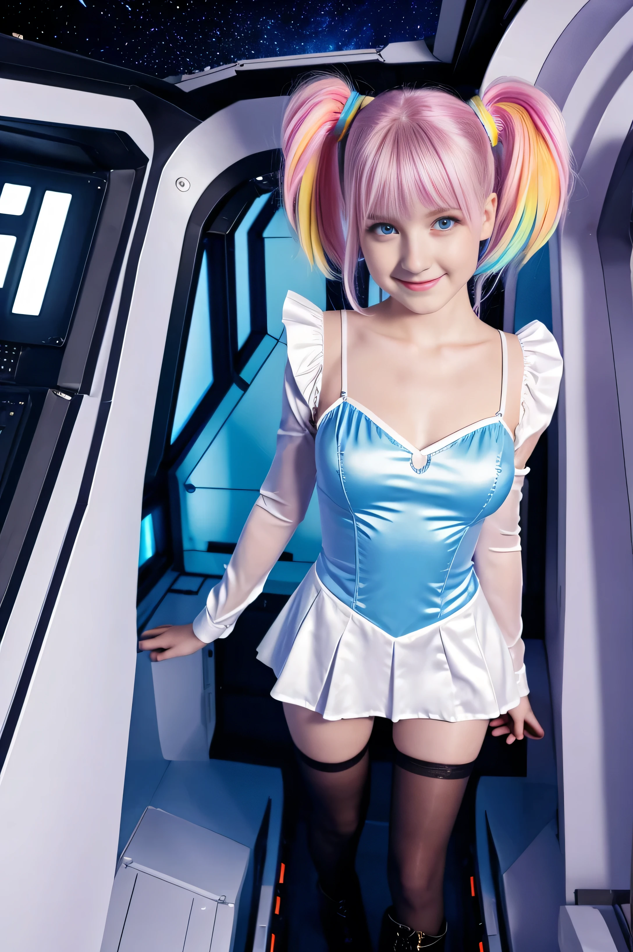 cute 19-year-old neon haired woman, pale white skin, happy, smiling, in twin tails, perfect blue eyes, pale goth skin, silky smooth skin, flying a fancy metal luxurious space ship, futuristic cockpit, she's a pilot, outer space seen in windows, dark warm lighting, wearing a futuristic dress, pleated (chemise) mini dress (pastel rainbow colors, and polka dots), puffy sleeves low cut top, silk, (pantyhose under dress), tights, cute short cut booties, boots.