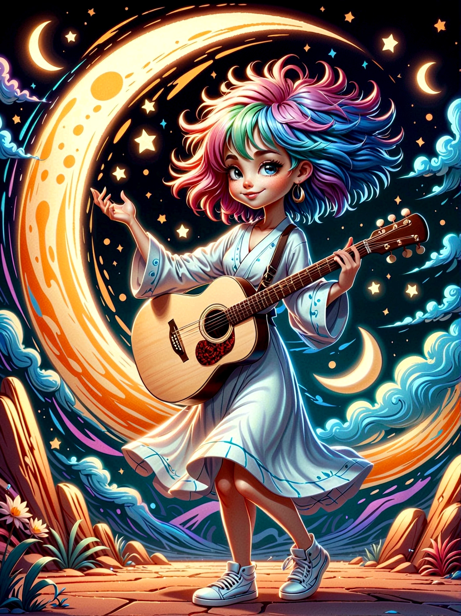 A cartoon doodle character，Vector illustration，1girl，solo，the guitar player，With brightly colored hair，Girl dancing gracefully in white robe，In the surreal and dreamy sky，She stood on a crescent moon，Keeping Balance While Playing Guitar，Rendering showing melting elements，Elements appear to drip and deform smoothly，Using a digital style should capture the scene，As seen through the long exposure technique，Create a sense of continuous movement and change，The scene is mysterious and ethereal，Soft moonlight fills the surroundings，Rendered with soft brushstrokes，Exude a sense of whimsy and charm in this moonlight fantasy，Anatomically correct，Textured Skin，Standing in front of a graffiti style background，Add whimsy to the scene，1xhsn1