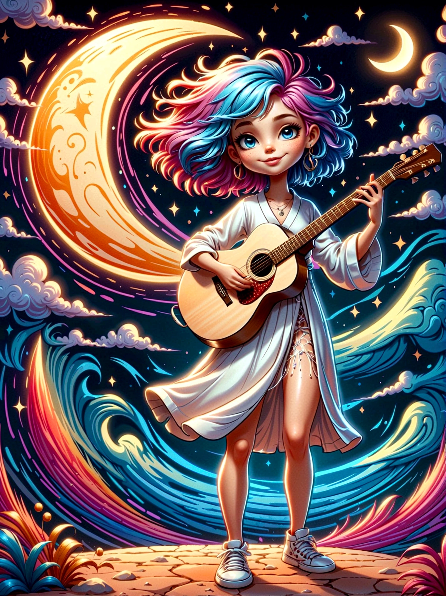 A cartoon doodle character，Vector illustration，1girl，solo，the guitar player，With brightly colored hair，Girl dancing gracefully in white robe，In the surreal and dreamy sky，She stood on a crescent moon，Keeping Balance While Playing Guitar，Rendering showing melting elements，Elements appear to drip and deform smoothly，Using a digital style should capture the scene，As seen through the long exposure technique，Create a sense of continuous movement and change，The scene is mysterious and ethereal，Soft moonlight fills the surroundings，Rendered with soft brushstrokes，Exude a sense of whimsy and charm in this moonlight fantasy，Anatomically correct，Textured Skin，Standing in front of a graffiti style background，Add whimsy to the scene，1xhsn1