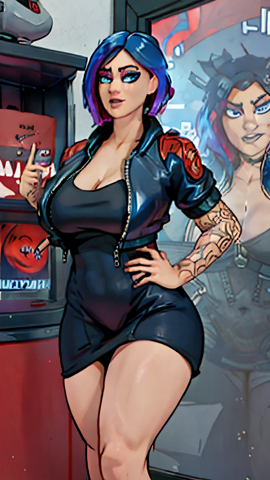 Blue curly hair. Deep dark and energetic coffee eyes. She wears a floral stamped dress with a leather jacket. busty. Comic style, marvel comics