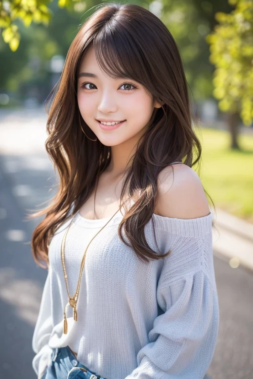 Produce the highest quality and highest resolution 8K images。The model is a 20-year-old Japanese woman.。The image depicts her posing and smiling for the camera.。She has brown eyes and a model figure.、She has an idol-level cute face.。The hair is wavy。Skin has a healthy color。Clothes、I'm wearing early summer clothes。The background depicts a scene of people taking commemorative photos at a tourist spot.。