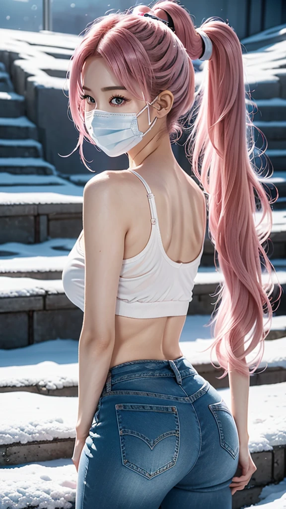AIBeauty、Real Beauty、Cute camisole、Cute jeans prompt、Snow Mountain、Face masks、Beautiful woman looking back、ponytail、Pink Hair