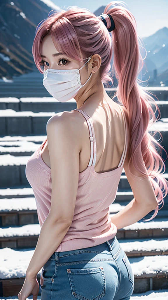 AIBeauty、Real Beauty、Cute camisole、Cute jeans prompt、Snow Mountain、Face masks、Beautiful woman looking back、ponytail、Pink Hair