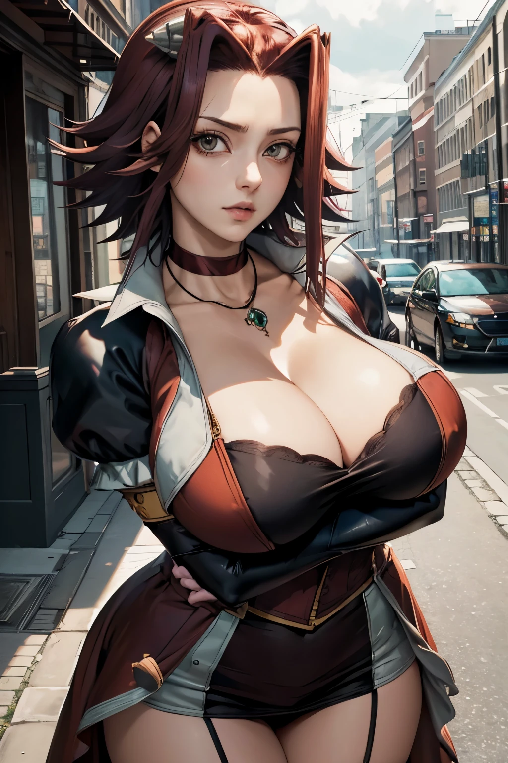 masterpiece, high quality, highres, absurdres, ultra-detailed, detailed eyes, aki1, izayoi aki, solo, mature woman, tall, elbow gloves, jewelry, cleavage, choker, necklace, black thighhighs, black gloves, huge breasts, street