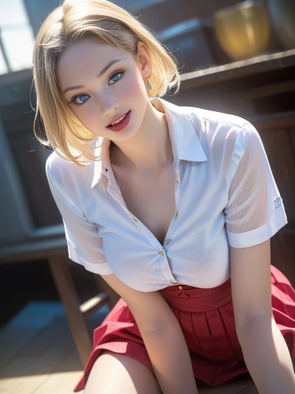 (best quality, 8k, highres, photorealistic:2.0), (solo, one girl:2.0),(photo taken using flash:1.9),(brighten the subject:1.8),(ultimate beautiful girl:2.0),(shiny skin),(oily skin),(blonde hair:1.7),(short hairstyle:1.5),(cool beauty:2.0),Blush brown makeup , dark eye makeup , use pink glossy lipstick,(big beady eyes girl:1.5),(droopy-eyes girl:1.5),(blue eyes:1.5),(thin girl:1.5),(baby face girl:1.5),(sex appeal),(sweet smelling girl),(she works for low wages:1.5),(kind-hearted woman:1.5),(she has a nice smile:1.3),(woman with a happy look:1.3),(she is very sociable),(from a very poor family:1.5),(virgin girl),(She is a secret pervert.),(she covertly lewd),(she looks so erotic),(Preserve virginity for devout Christians),chuuChloe,(A woman with very soft breasts),(woman fantasizing about sex:1.3),(allurement),(impressive eyes:1.5),(clean girl),(affability),(cute smile),(open mouth),(long skirt)