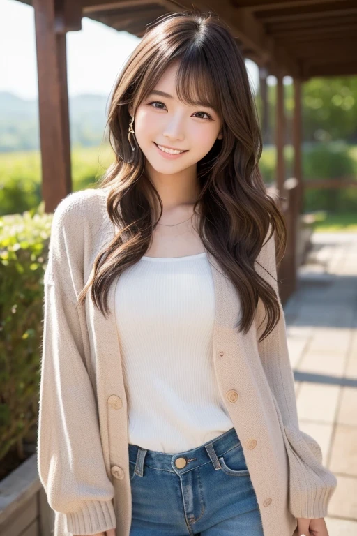 Produce the highest quality and highest resolution 8K images。The model is a 20-year-old Japanese woman.。The image depicts her posing and smiling for the camera.。She has brown eyes and a model figure.、She has an idol-level cute face.。The hair is wavy。Skin has a healthy color。Clothes、I&#39;m wearing early summer clothes。The background depicts a scene of people taking commemorative photos at a tourist spot.。