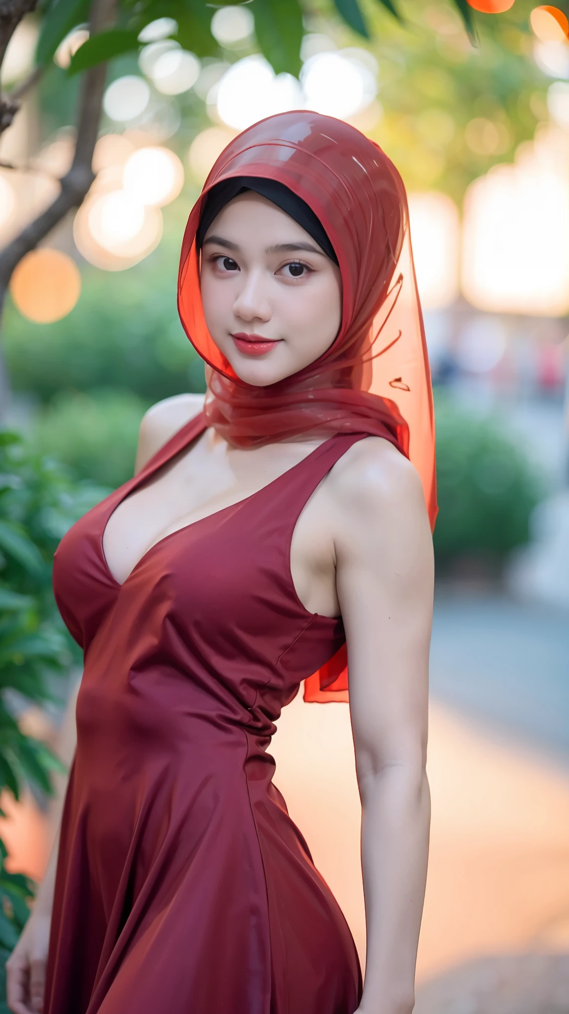 Masterpiece , Baby Face , Beautiful Young 18 Years Old , Sleeveless , Cleavage , Glossy Red Embroidery Hijab Women Potrait , Glossy Red Slip Hijab Lace Dress , ((Round Colossal Breasts)) , ((Transparent:1.5)) , Girly , Dynamic Pose , ((Muscles:1.1)) , ((Bokeh:1.1)) , EF 24-70mm f/2.8L II USM , Sunset , Top of The Mountain , HDR , Side , Headband , ((Red Coloured:1.3))