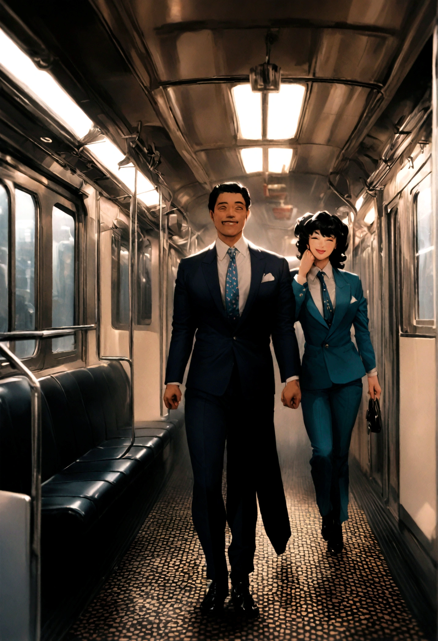 coloured film photography、Asian Man、Tokyo 1980s、suit、A cheerful smile、(Full Body Lesbian)、(Voluptuous:1.5)、in the train