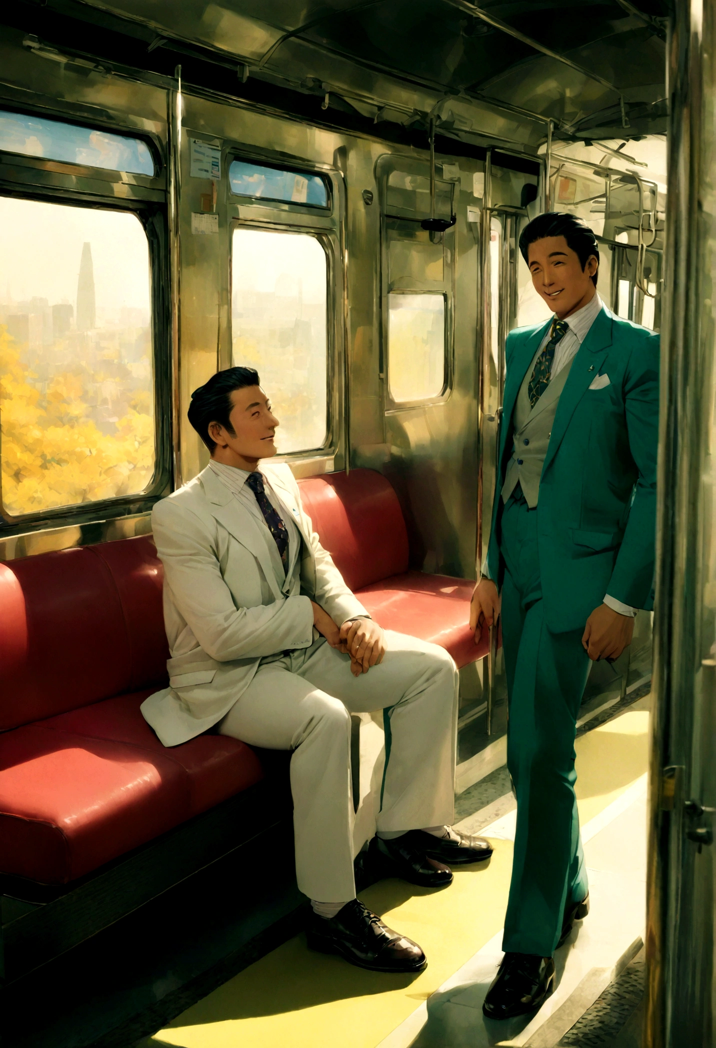 coloured film photography、Asian Man、Tokyo 1980s、suit、A cheerful smile、(Full Body Lesbian)、(Voluptuous:1.5)、in the train