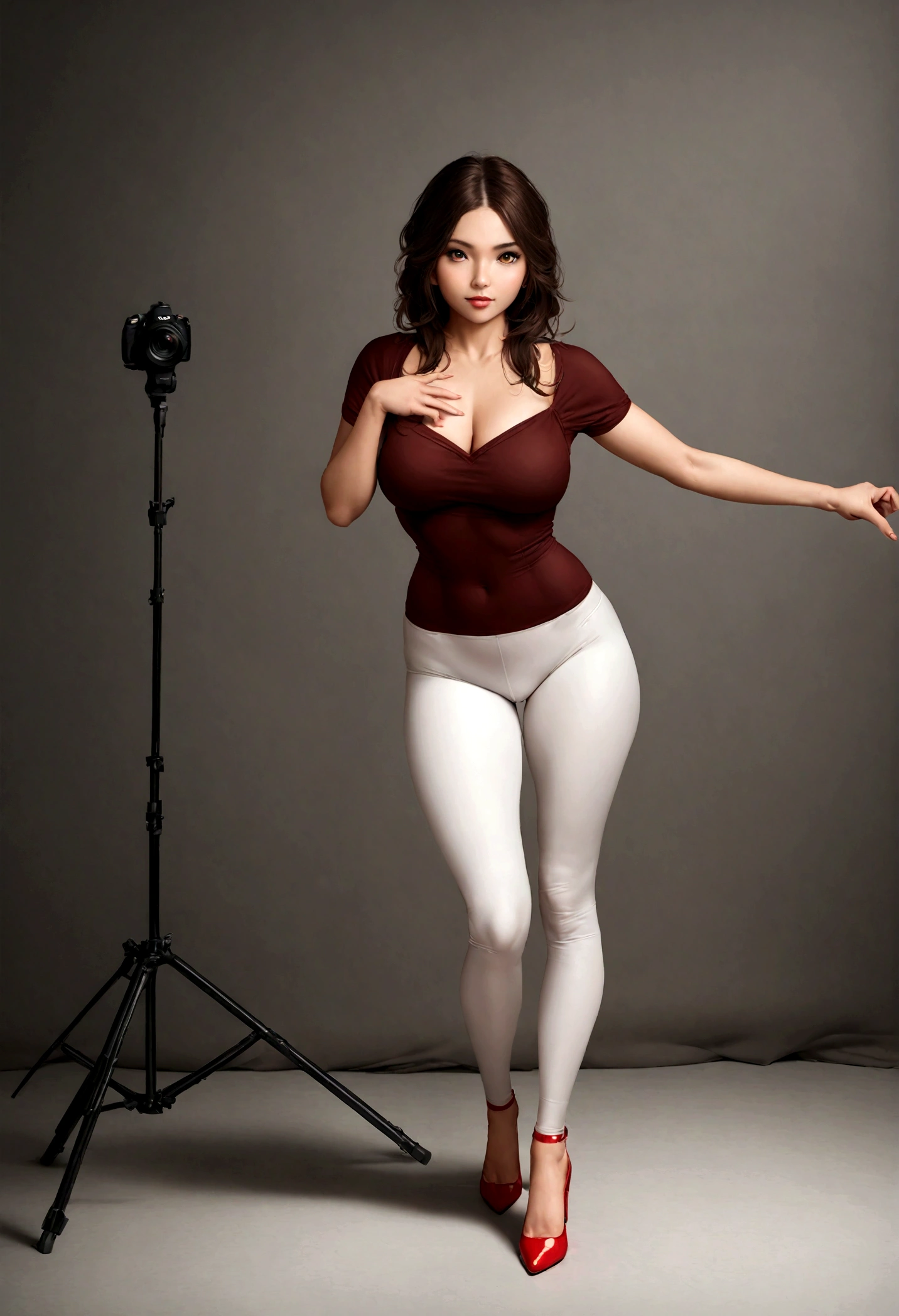 Beautiful brunet female, brown beautiful eyes, perfect skin, standing, posing in a studio, professional photography lighting, white super skintight white Lycra-spandex pants, low-cut red top, red high-heels, standing straight towards the camera, facing the camera full body photo, showing legs and feet. professional realistic photograp