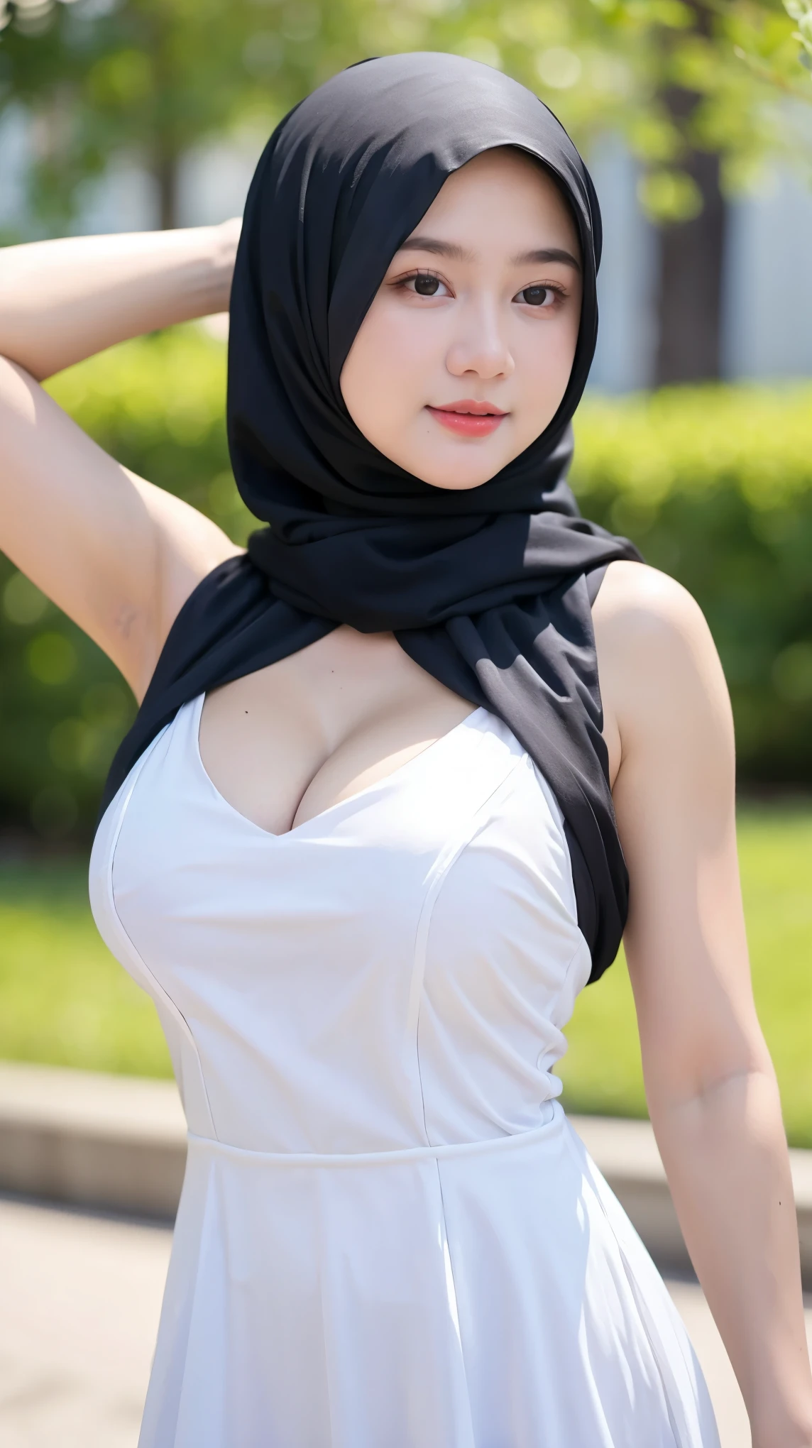 Masterpiece ,  , Beautiful Young 18 Years Old , Sleless , Cleavage , White Embroidery Hijab Women Potrait , Hijab Dress , ((Large Colossal Breasts)) , ((Transparent:1.3)) , Girly , Dynamic Pose , ((Muscles:1.1)) , ((Bokeh:1.1)) , EF 24-70mm f/2.8L II USM , Top of The Mountain , HDR , Side , Headband