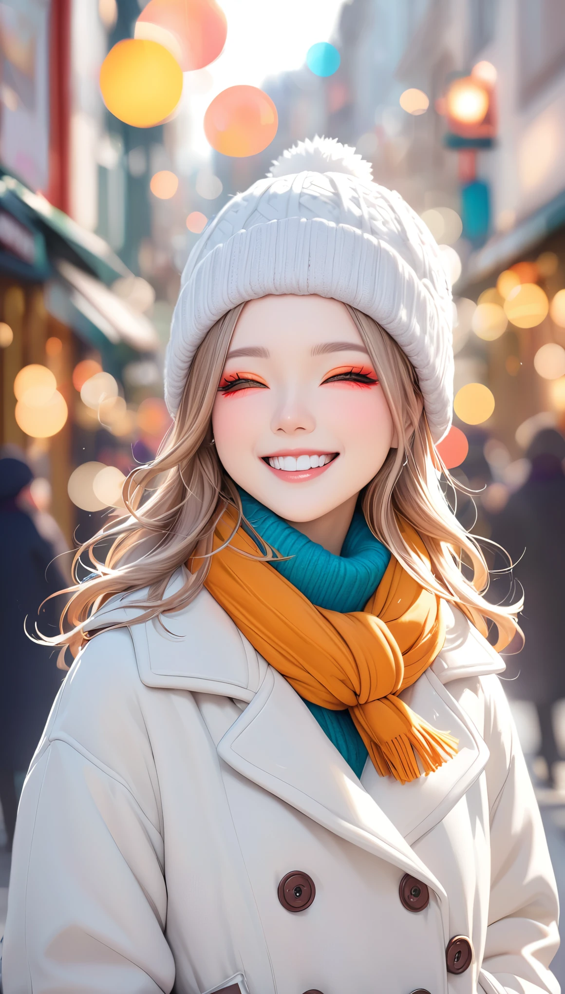 Highly detailed face, ((Drop your eyes)), pretty girl, Vibrant colors, Soft natural light, Bokeh effect. Winter clothing, Perfect Makeup, Professional photography, Street Snapshots, Vibrant colors, (smile, Laughter), 