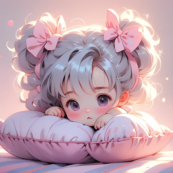 (pastel:1.2)、(Chibi Girl:1.2)、Esbian all over、Long twin tails、Bow and Bow、Sleepy but not sleeping eyes、border pajamas、Funny pose、Humming、Laughter、pillow、Soft and fluffy、original、Vertical striped background、Baby pink gradation