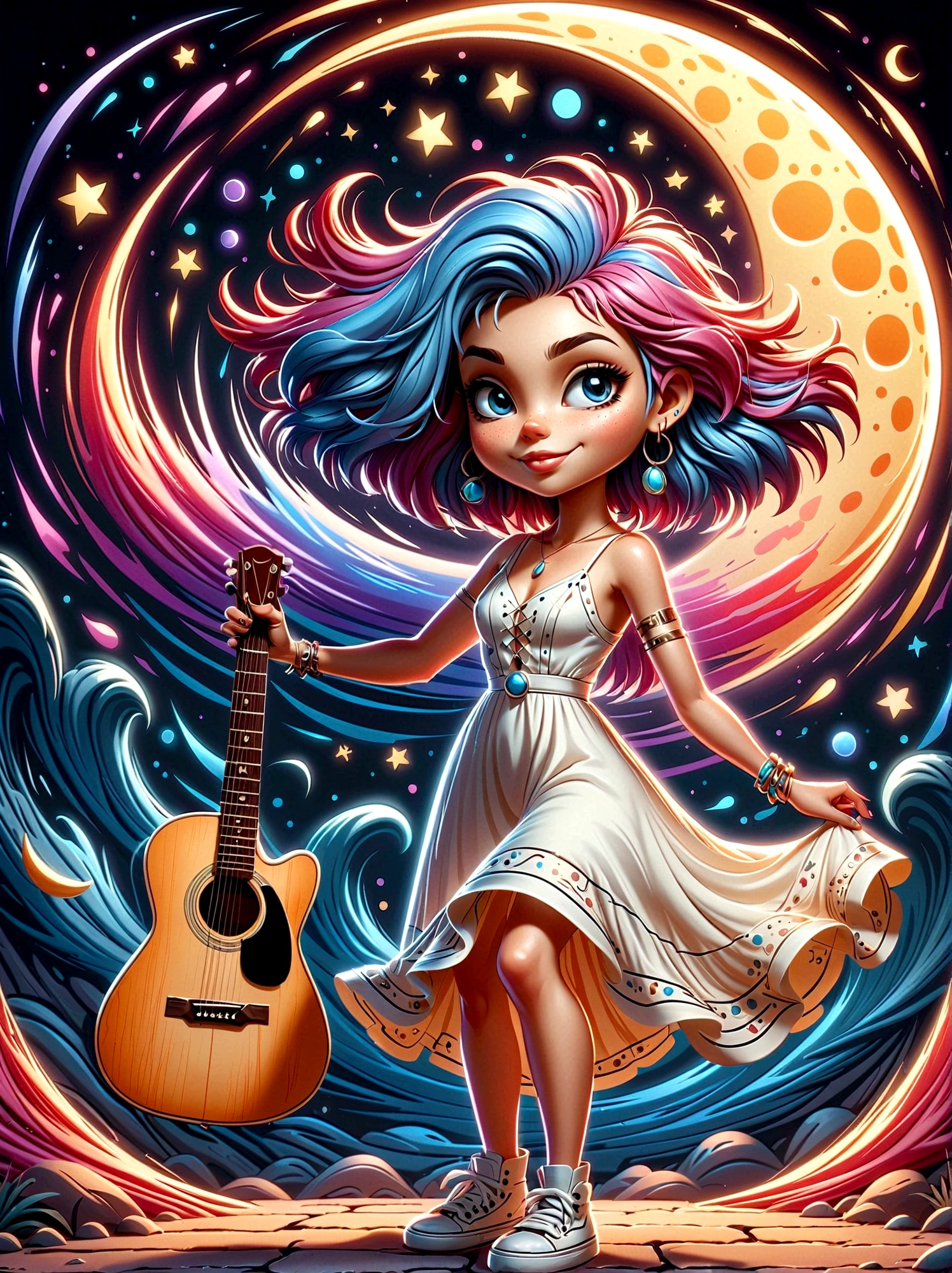 A cartoon doodle character,Vector illustration,1girl,solo,the guitar player,With brightly colored hair,Girl dancing gracefully in a white long dress,In the surreal and dreamy sky,She stood on a crescent moon,Keeping Balance While Playing Guitar,Rendering showing melting elements,Elements appear to drip and deform smoothly,Using a digital style should capture the scene,As seen through the long exposure technique,Create a sense of continuous movement and change,The scene is mysterious and ethereal,Soft moonlight fills the surroundings,Rendered with soft brushstrokes,Exude a sense of whimsy and charm in this moonlight fantasy,Anatomically correct,Textured Skin,Standing in front of a graffiti style background,Add whimsy to the scene,1xhsn1