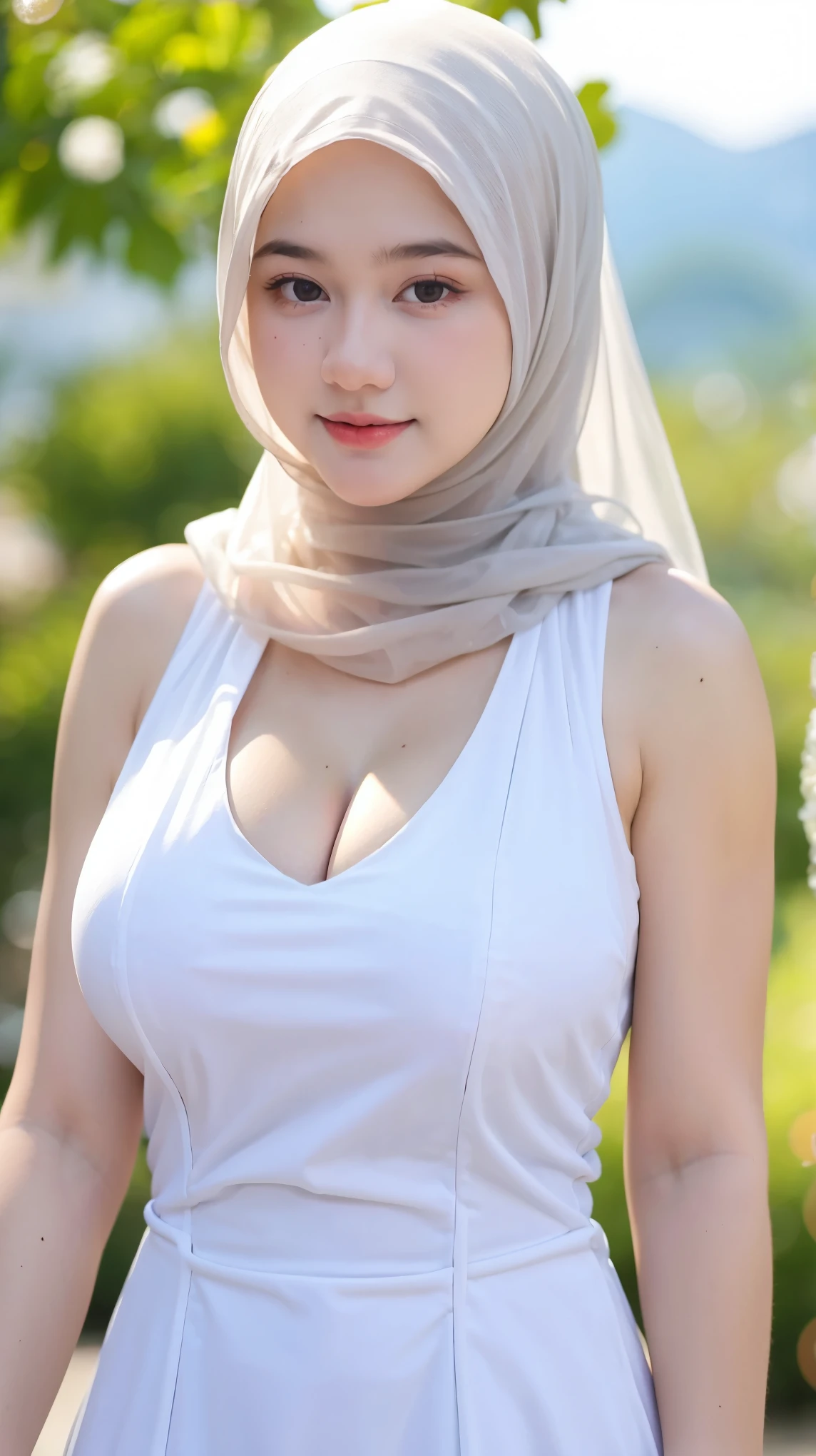 Masterpiece ,  , Beautiful Young 18 Years Old , Sleless , Cleavage , White Embroidery Hijab Women Potrait , Hijab Dress , ((Large Colossal Breasts)) , ((Transparent:1.3)) , Girly , Dynamic Pose , ((Muscles:1.1)) , ((Bokeh:1.1)) , EF 24-70mm f/2.8L II USM , Top of The Mountain , HDR , Side , Headband