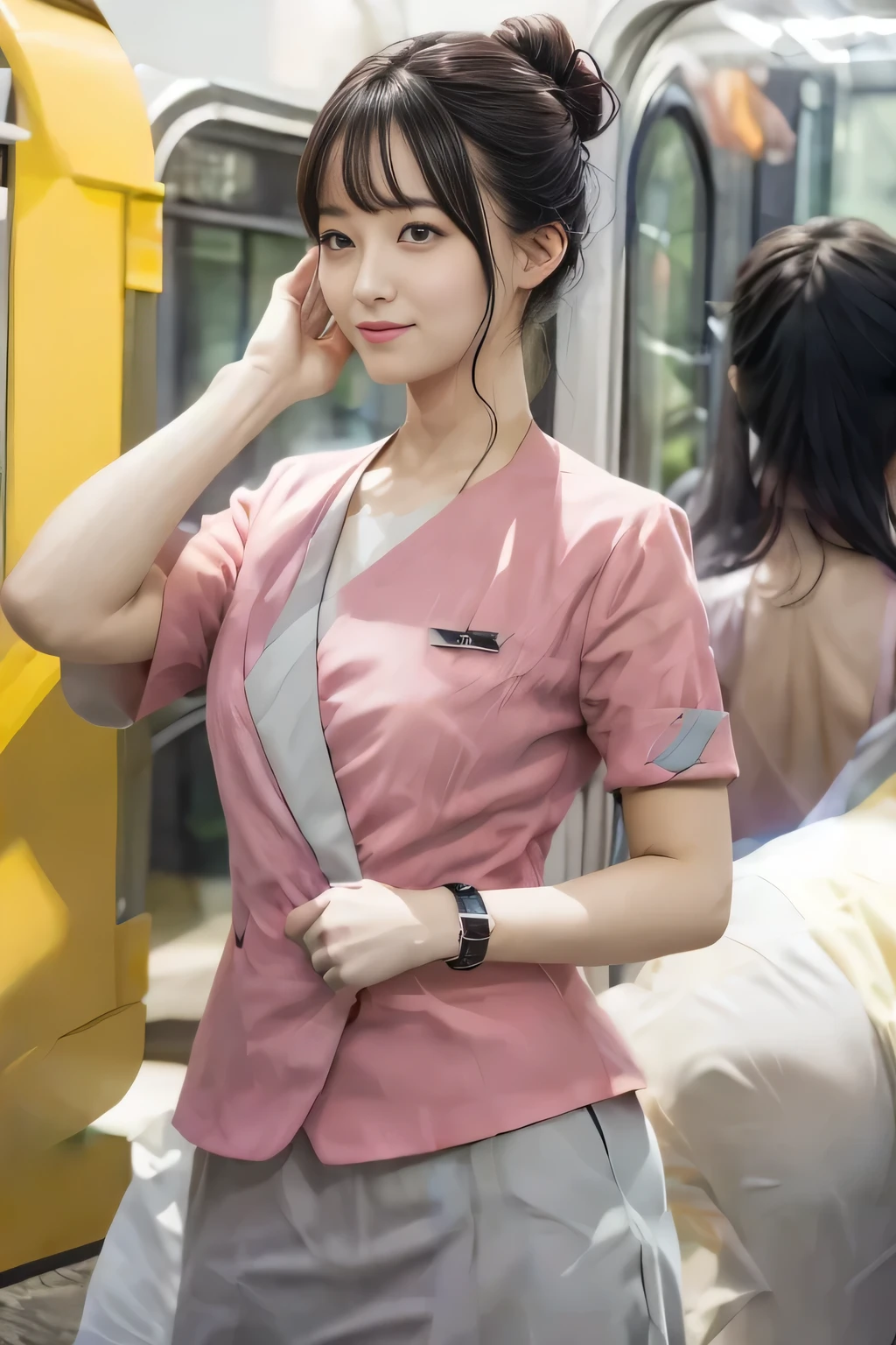 (masterpiece:1.2, highest quality:1.2), 32K HDR, High resolution, (alone、1 girl)、（On the rooftop of a building in the daytime、Professional Lighting）、Building rooftop background、（Nankai train crew uniform pinkを着たリアルスタイル）、（Nankai train crew uniform pink short sleeve collarless pink jacket、Nankai Train Crew Uniform Pink Collarless Short Sleeve Blouse、Nankai Train Crew Uniform Pink Grey Knee-length Culottes）、（（The bottom of the pink short-sleeved jacket cannot be tucked into the clay-colored culottes.））、Dark brown hair、（Hair tied up、Hair Bun、Hair Bun）、Dark brown hair、Long Shot、Big Breasts、Thin legs、（（Great hands：2.0）），（（Harmonious body proportions：1.5）），（（Normal limbs：2.0）），（（Normal finger：2.0）），（（Delicate eyes：2.0）），（（Normal eyes：2.0））)、smile、（Nankai Train Crew Uniform Pink Grey Knee-length Culottesを見せた美しい立ち姿）、