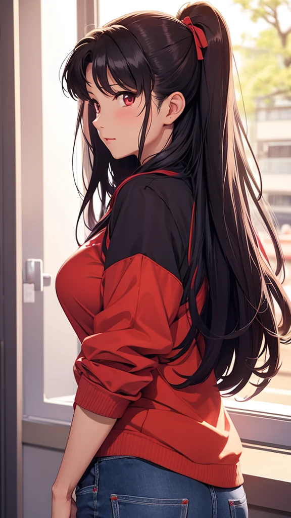 anime, smooth anime CG art, masterpiece, high quality, best quality, 1girl, disheveled hair, focus on face, simple background, long hair, socks, black hair, hair between eyes, calm, oversized hoodie, long bangs, tied hair, braided hair, dominant eyes, ribbons in hair, crimson red eyes, large breasts, breasts, perfect face, perfect legs, no pants, full lips, add_detail:-3