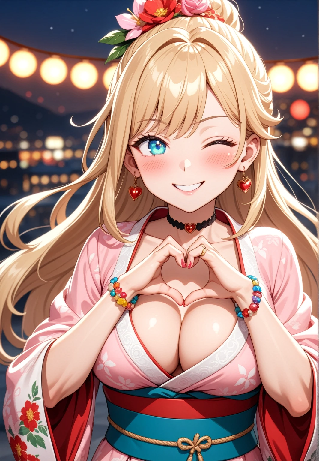 ((one personの女性)), Beautiful Face,Laughing embarrassedly,((Wink:2.0)),Smiling with teeth showing,turn bright red,Lighting on the face,Glossy pink lips,night,rooftop,Festive decorations,You can see the ocean, firework,((Anime style background)),masterpiece, highest quality, so beautiful, Latest, Complex details, (Pink long nails),(ring),(flower bracelet),Floral Choker,AI-generated, Complex,High resolution, highest quality, super high quality,3D Images、View your viewers、3D Images,one person,Long Blonde Hair,High Ponytail,Turquoise Eyes,Anime woman posing for a photo, (Fine grain,Colorful eyes,Shining Eyes:1.4),(Squint your eyes:1.1),a hyperRealistic , hyperRealistic , Realistic,Blonde anime woman with long hair, Smooth anime CG art, A woman in a colorful kimono with gold embroidery, (Pink kimono),Red floral pattern,Long flower hair ornament,Big earrings,(ring),(:1.1),Mature BodyBig Ass,Fine details,ht waist,Abdominal muscles,(Face close up:1.6),(Tilt your face), Diagonal photo,((A woman making a heart hand sign with their hands in front of their chest. They are forming a heart shape with their thumbs and index fingers.)),