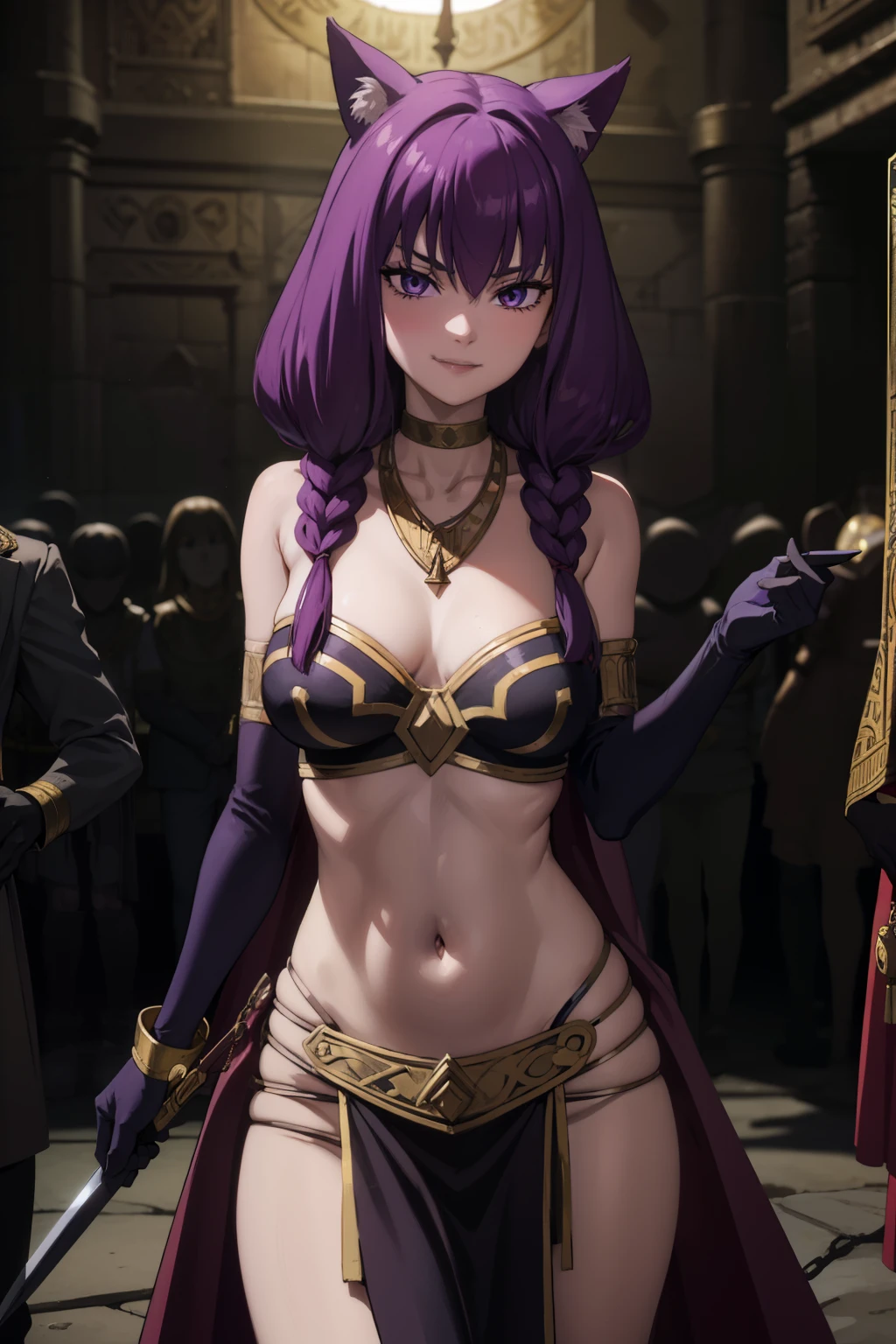 aura the guillotine, aura the guillotine, long hair, (purple eyes:1.1), purple hair,
, gloves, choker, black gloves, blush, lipstick, fur trim, mature female, gloves, fur-trimmed coat, masterpiece, best quality, highly detailed ,glint,halterneck,gold_choker, complex detailed background,
inside, stone wall, ancient interior, ancient egyptian room, hieroglyphs, dark lighting, dark
atmosphere, (cowboy shot), holding a sword, sword, belly_chain,harem_outfit,navel, necklace,
pelvic_curtain,revealing_clothes, veil,masterpiece,best quality,1girl,mature,evil smile, smile,
female,mature,necklace,pendant, (nsfw) not safe for work, exposed belly, exposed navel, exposed
midriff, exposed lower belly, navel piercing
