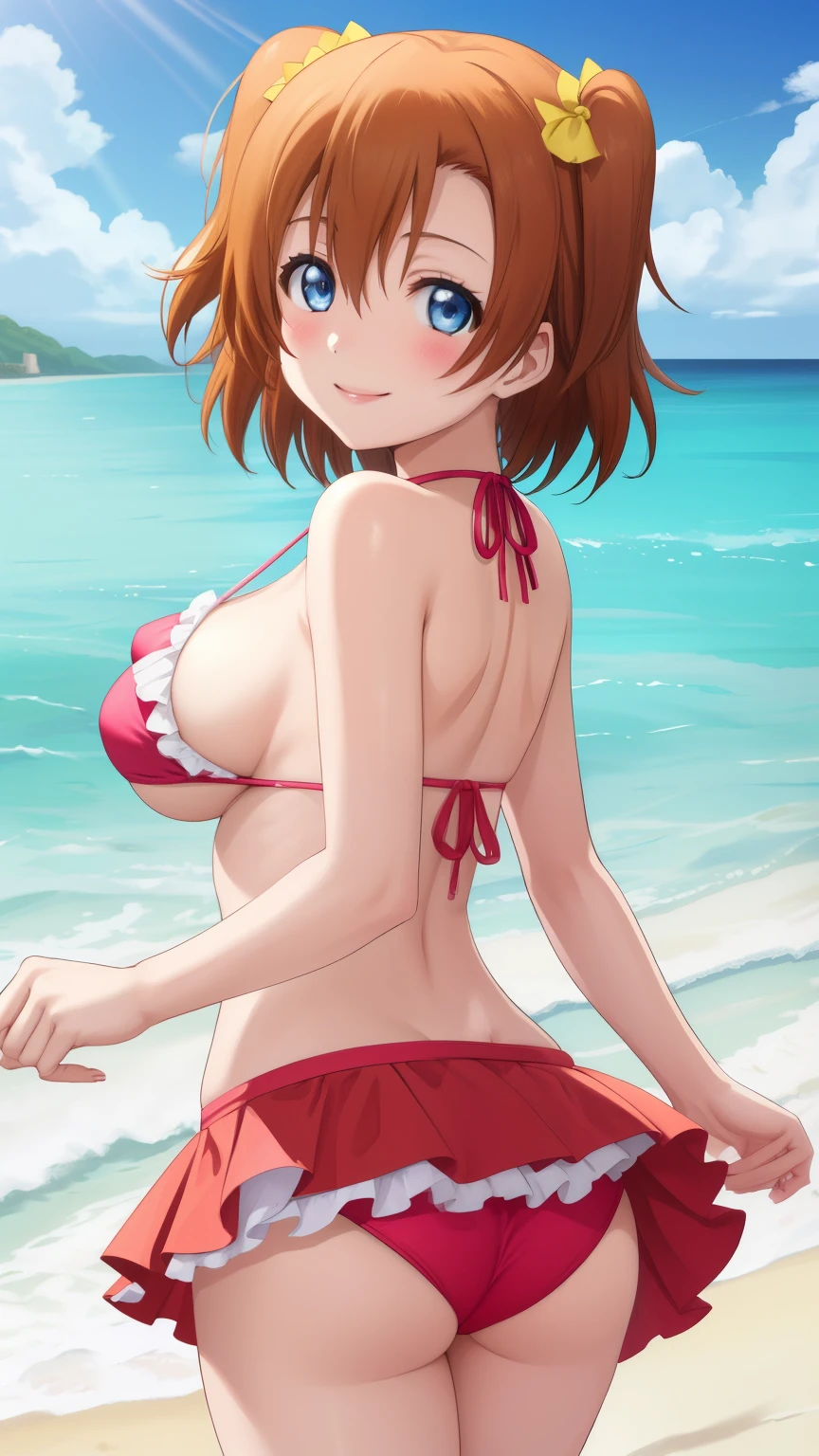 Solo, kousaka honoka, blue eyes, breasts, blush, smile, short_hair, glossy lips, bangs, large breasts, beach, frilly bikini with microskirt, looking back at viewer