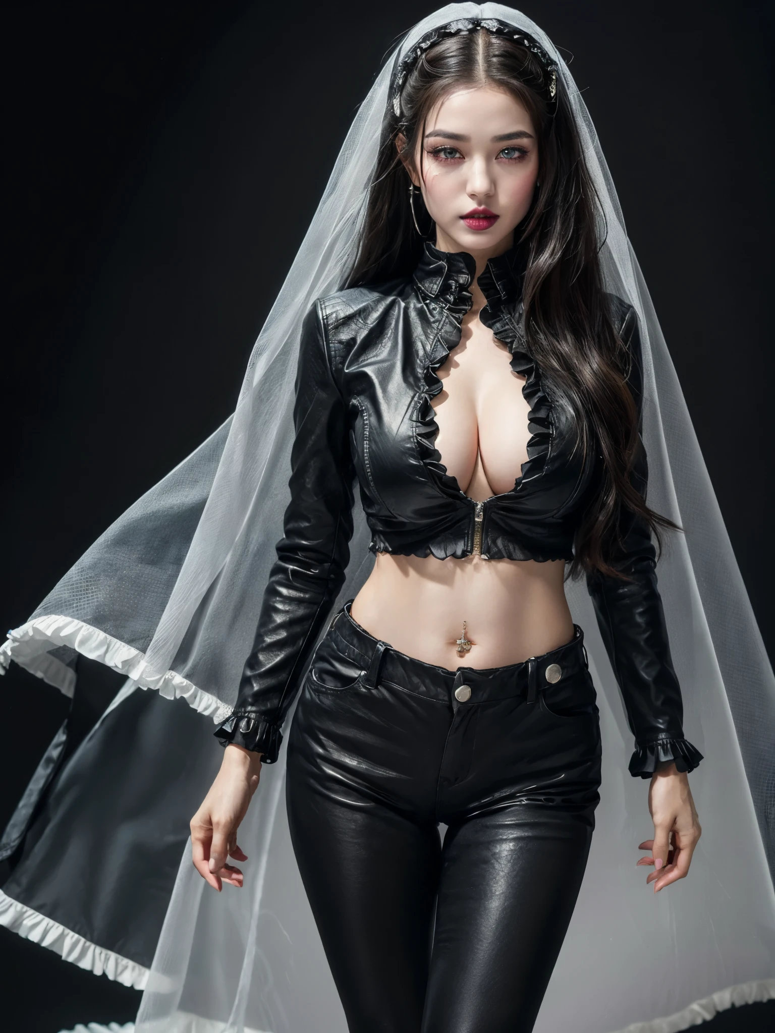 1girl, very long straight black hair, thick hair, detailed face, thick eyeshadow, cold filter, arabs, gothic style, intricate leather design green jacket, (see-through frilly black shirt:1.2), (black veil:1.2), red lips, blue pupils, (navel piercing:1.2), (looking at viewer:1.2), tight leggings, heel boots, (gigantic breasts:1.2),