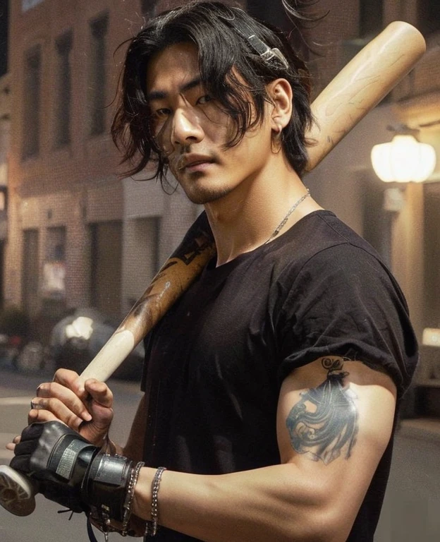 Arafed man with a baseball bat in his hand and a camera., jinyoung shin, kim taejin, Won Bin Lee, inspirado en Gang Se-hwang, hyung tae, handsome japanese demon boy, cai xukun, con hacha, arte de fan, jungkook, seson yoon, Hiro, Hong June Hyung, artista coreano, steven jung, hombre surcoreano, with an silver cibernetic mechanic arm of Johnny Silverhand